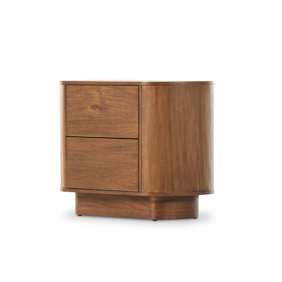 Seasoned brown acacia forms a curved pedestal base, bringing gentle curves to a classic nightstand shape. Amethyst Home provides interior design, new construction, custom furniture, and area rugs in the Austin metro area.