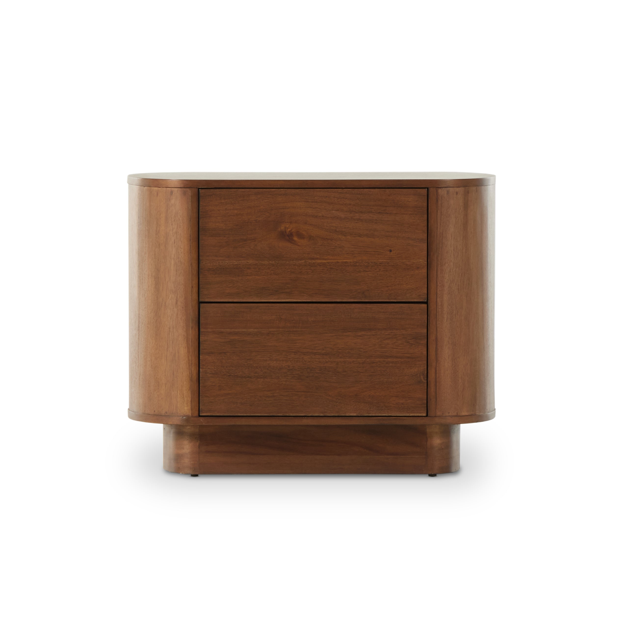 Seasoned brown acacia forms a curved pedestal base, bringing gentle curves to a classic nightstand shape. Amethyst Home provides interior design, new construction, custom furniture, and area rugs in the Los Angeles metro area.