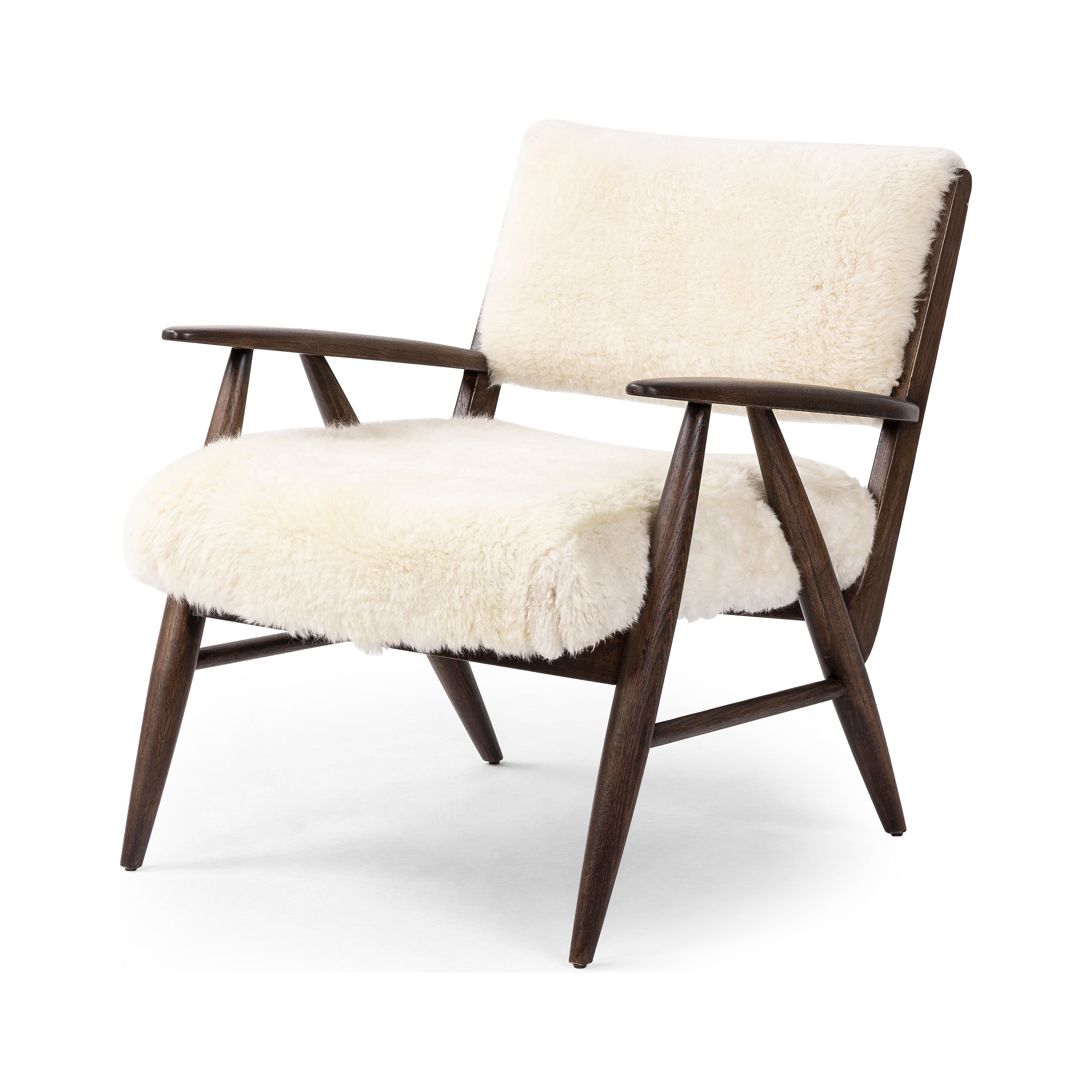 A modern take on the vintage school chair, upholstered in plush cream shearling of 100% sheepskin. Perfect as an accent chair or in pairs. Amethyst Home provides interior design, new construction, custom furniture, and area rugs in the Austin metro area.