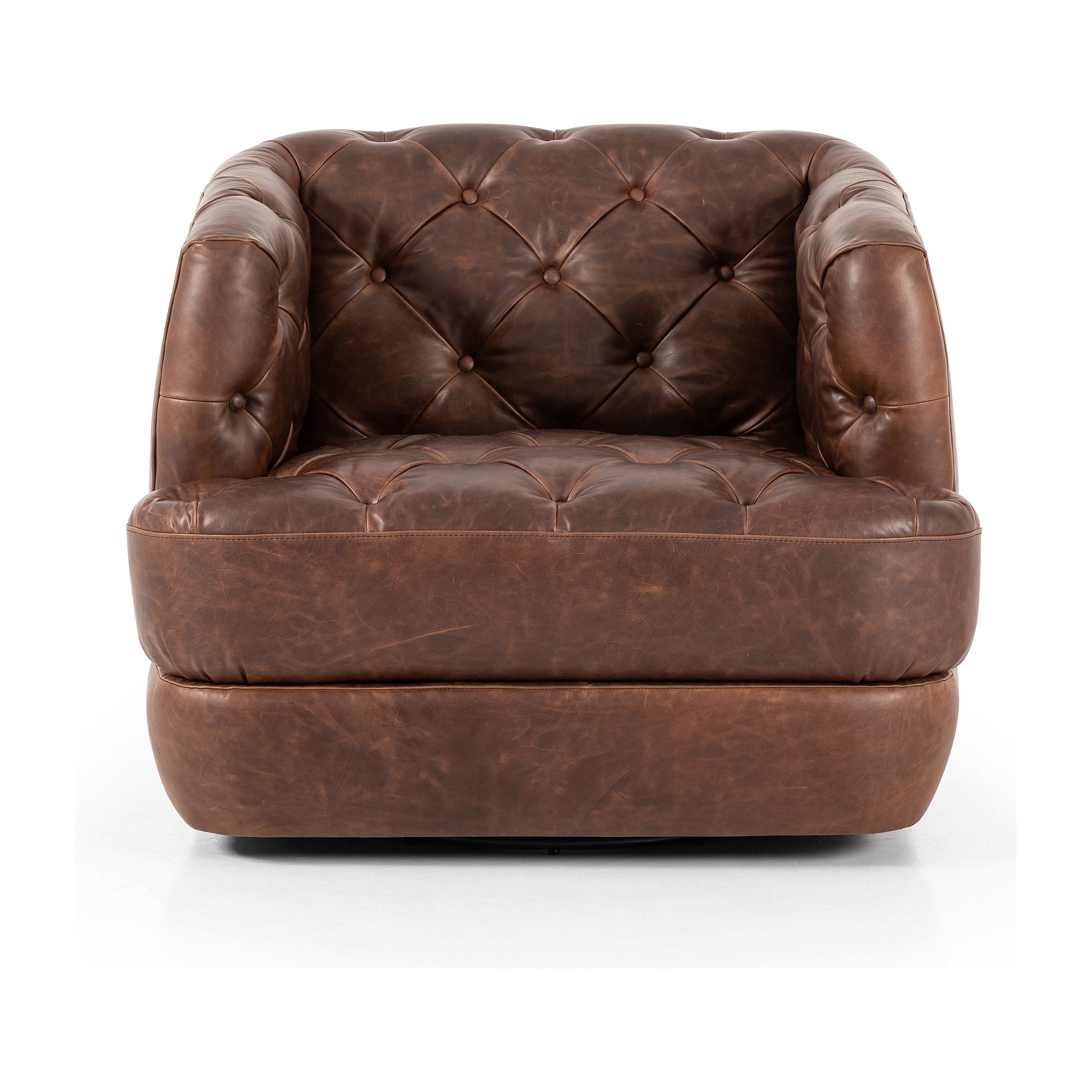 Old English-inspired top-grain leather is finished with a soft hand for a vintage, lived-in look on this traditionally inspired chair. Handcrafted in Italy, the richness of this distinctive, full-bodied leather develops an even-richer patina over time. Button tufting texturizes a comfortably curved back and sides, while a 360-degree swivel modernizes the whole look. Amethyst Home provides interior design, new construction, custom furniture, and area rugs in the Portland metro area.