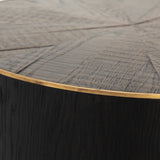 Bring on the drama. An ebony-finished oak top is cut in a starburst texture, framed by deep ebony sides, and encircled by bright brass-clad binding. Amethyst Home provides interior design, new construction, custom furniture, and area rugs in the Park City metro area.
