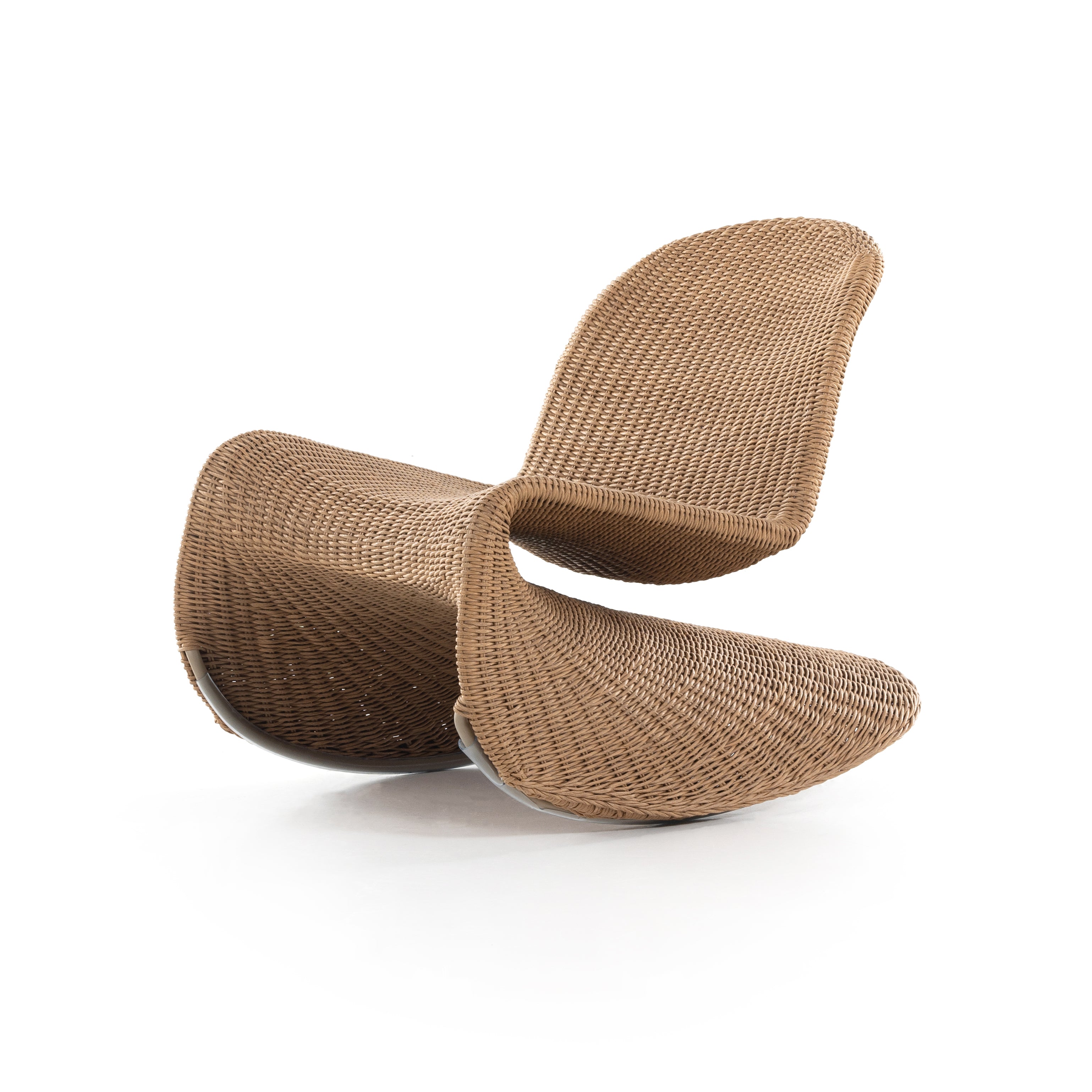 Based off a vintage shape, all-weather wicker seating brings dramatic curves to this statement-making rocking chair. Cover or store indoors during inclement weather and when not in use. Amethyst Home provides interior design, new construction, custom furniture, and area rugs in the Calabasas metro area.