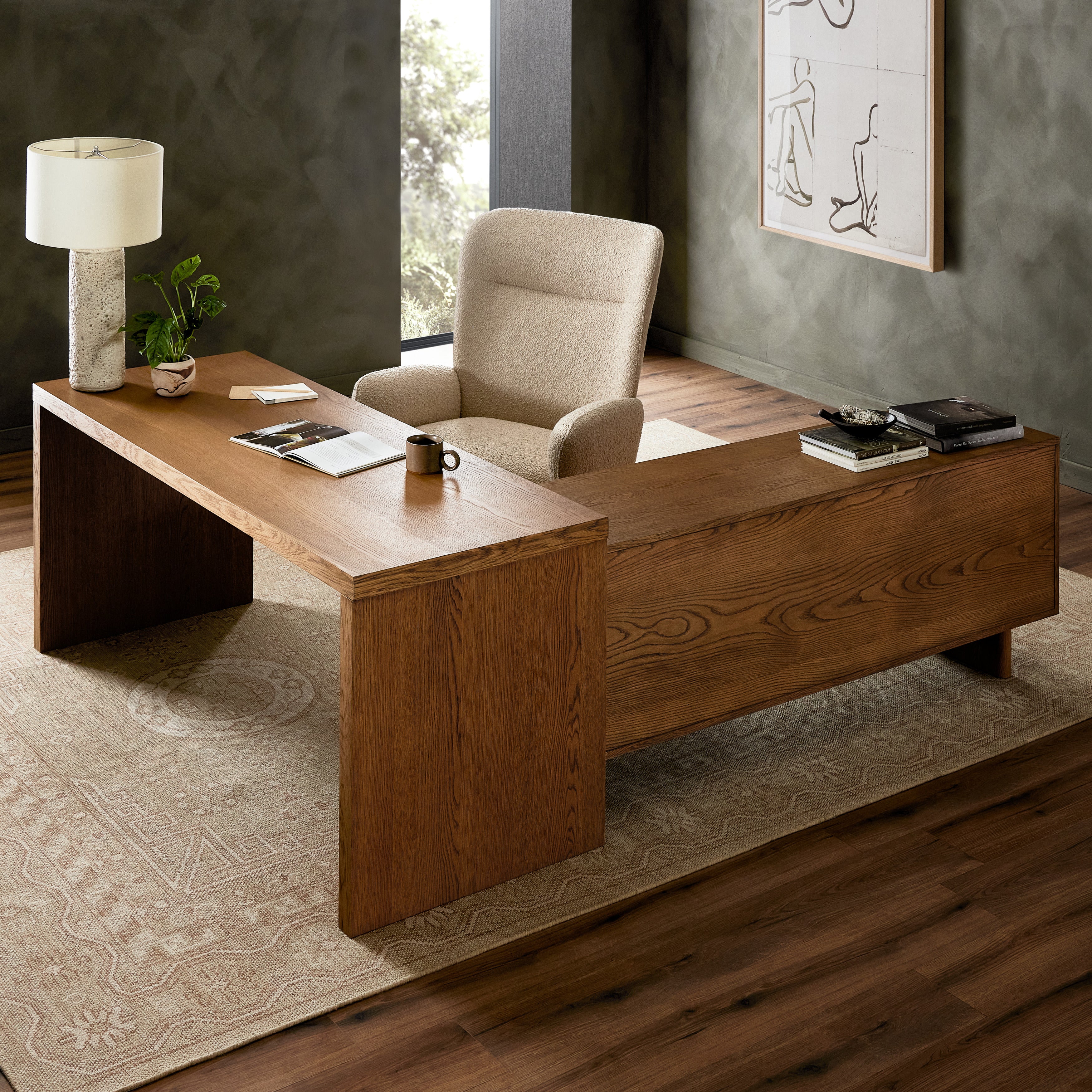 Reflect your unique style with a modular desk and matching media console of amber-finished oak and cognac top-grain leather. Arrange to suit your space, while adding plenty of storage space to the office. Amethyst Home provides interior design, new construction, custom furniture, and area rugs in the Miami metro area.