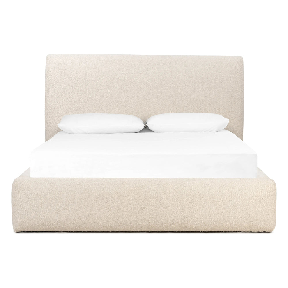 Featuring Quincy Lisbon Cream-King Bed by Four Hands at Amethyst Home. Modern, clean shaping meets inflated comfort with this padded, upholstered bed frame in a textural boucle-like pattern.  Text (251) 257-7986 for quick product details.Overall Dimensions: 92.25"W x 89.25"L x 48"H
Collection: EastonColors: Lisbon Cream ,BlackMaterials: 81% Pl, 19% Pc ,Solid P. Amethyst Home provides interior design, new home construction design consulting, vintage area rugs, and lighting in the Dallas metro area.