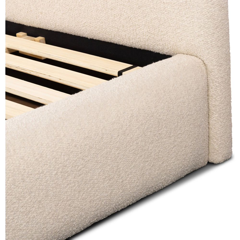 Featuring Quincy Lisbon Cream-King Bed by Four Hands at Amethyst Home. Modern, clean shaping meets inflated comfort with this padded, upholstered bed frame in a textural boucle-like pattern.  Text (251) 257-7986 for quick product details.Overall Dimensions: 92.25"W x 89.25"L x 48"H
Collection: EastonColors: Lisbon Cream ,BlackMaterials: 81% Pl, 19% Pc ,Solid . Amethyst Home provides interior design, new home construction design consulting, vintage area rugs, and lighting in the Houston metro area.