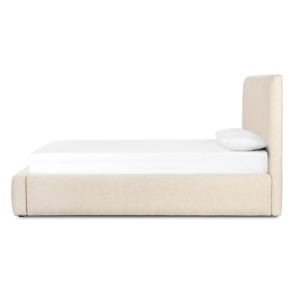 Featuring Quincy Lisbon Cream-King Bed by Four Hands at Amethyst Home. Modern, clean shaping meets inflated comfort with this padded, upholstered bed frame in a textural boucle-like pattern.  Text (251) 257-7986 for quick product details.Overall Dimensions: 92.25"W x 89.25"L x 48"H
Collection: EastonColors: Lisbon Cream ,BlackMaterials: 81% Pl, 19% Pc ,Soli. Amethyst Home provides interior design, new home construction design consulting, vintage area rugs, and lighting in the Nashville metro area.