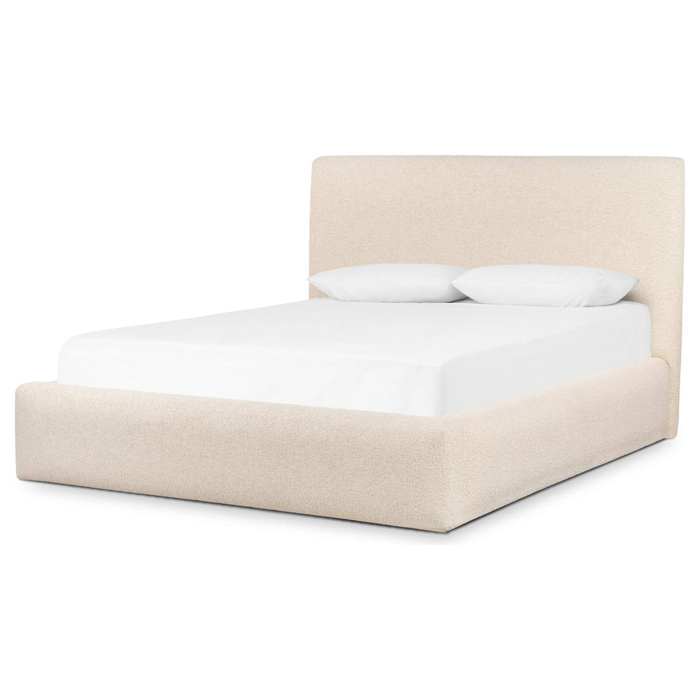 Featuring Quincy Lisbon Cream-King Bed by Four Hands at Amethyst Home. Modern, clean shaping meets inflated comfort with this padded, upholstered bed frame in a textural boucle-like pattern.  Text (251) 257-7986 for quick product details.Overall Dimensions: 92.25"W x 89.25"L x 48"H
Collection: EastonColors: Lisbon Cream ,BlackMaterials: 81% Pl, 19% Pc ,Solid Pa. Amethyst Home provides interior design, new home construction design consulting, vintage area rugs, and lighting in the Omaha metro area.