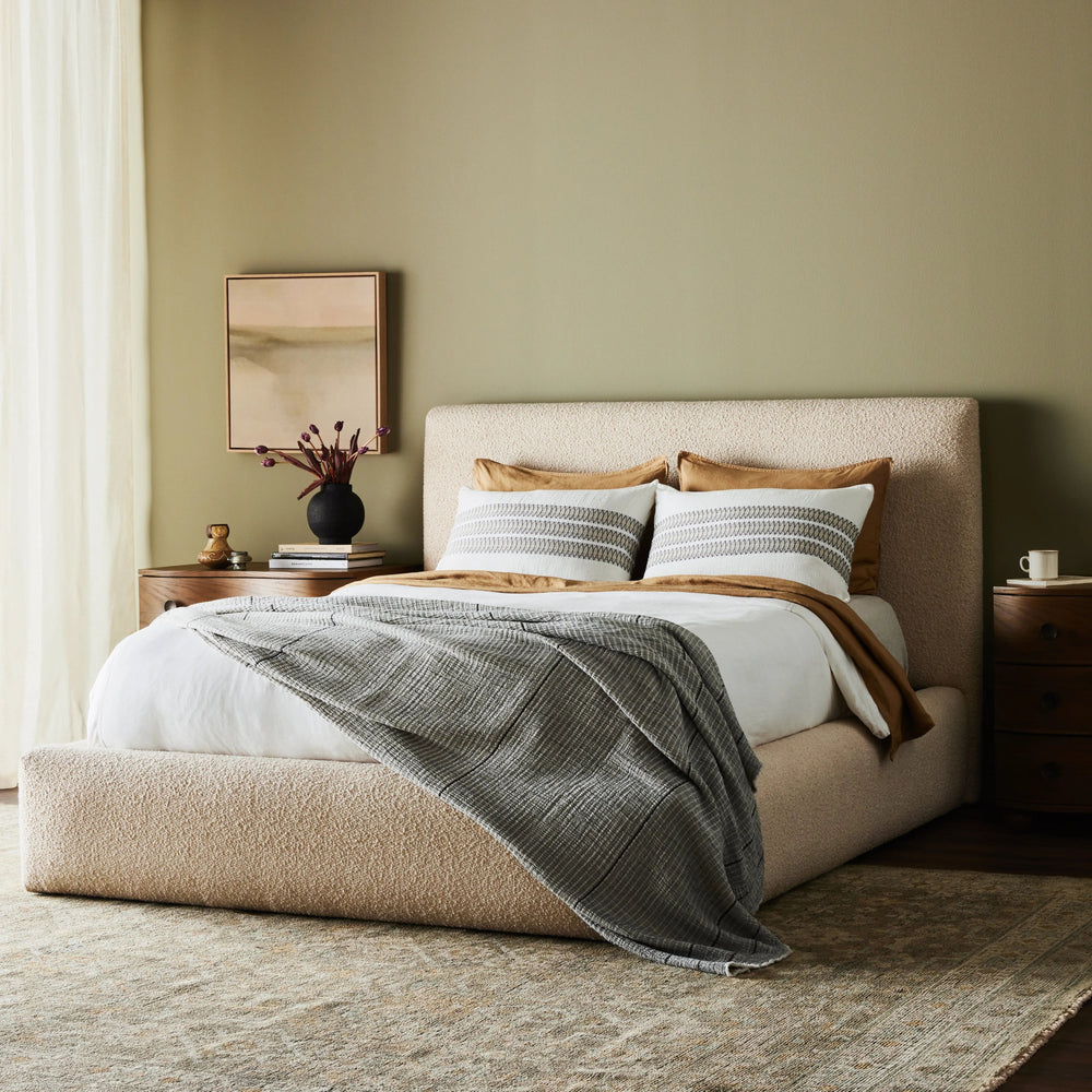 Featuring Quincy Lisbon Cream-King Bed by Four Hands at Amethyst Home. Modern, clean shaping meets inflated comfort with this padded, upholstered bed frame in a textural boucle-like pattern.  Text (251) 257-7986 for quick product details.Overall Dimensions: 92.25"W x 89.25"L x 48"H
Collection: EastonColors: Lisbon Cream ,BlackMaterials: 81% Pl, 19% Pc ,Solid Pa. Amethyst Home provides interior design, new home construction design consulting, vintage area rugs, and lighting in the Tampa metro area.