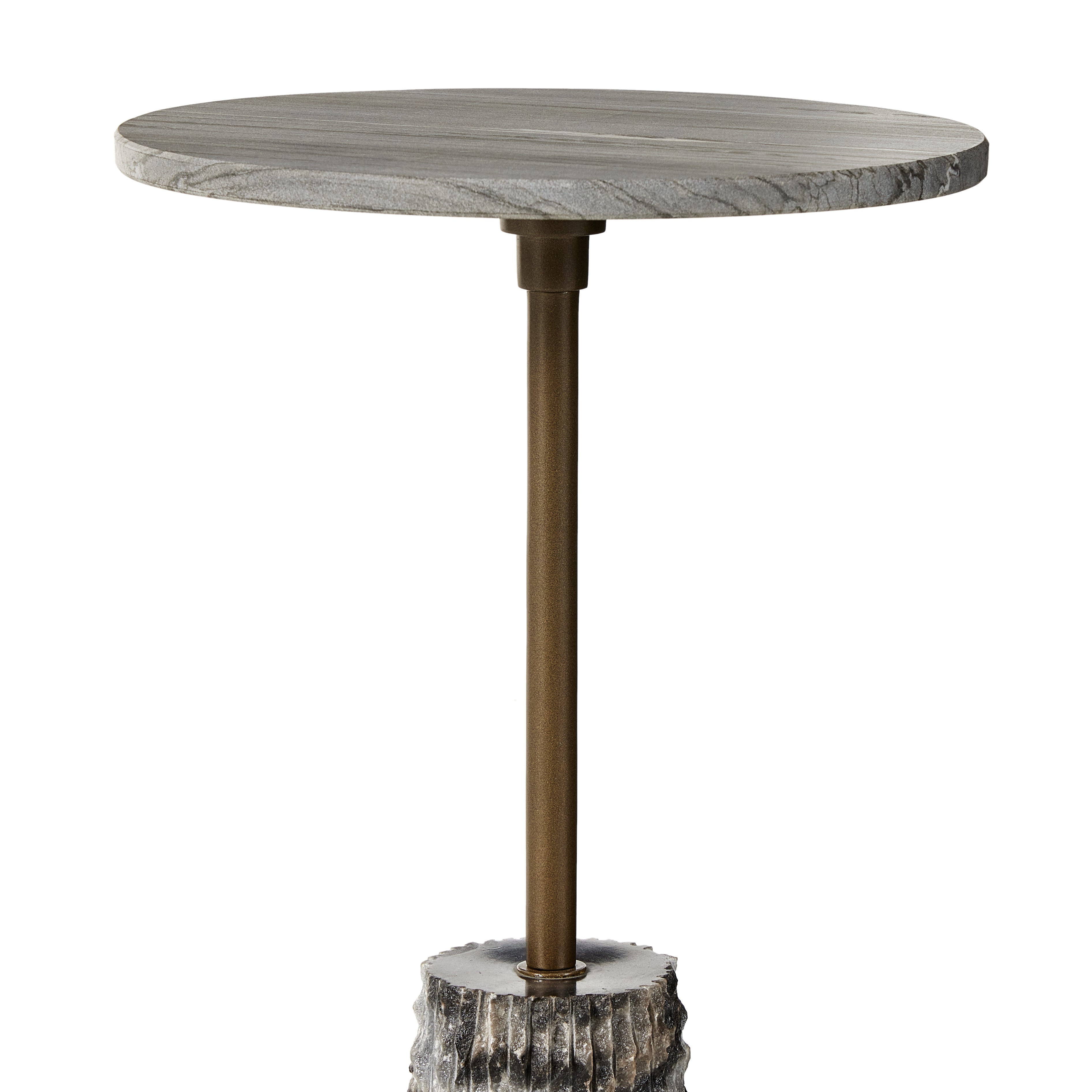 A tessellated cone-shaped marble base and matching tabletop pairs with a spare iron stem. Perfectly sized to keep your favorite drink or book within reach. Amethyst Home provides interior design, new construction, custom furniture, and area rugs in the Dallas metro area.