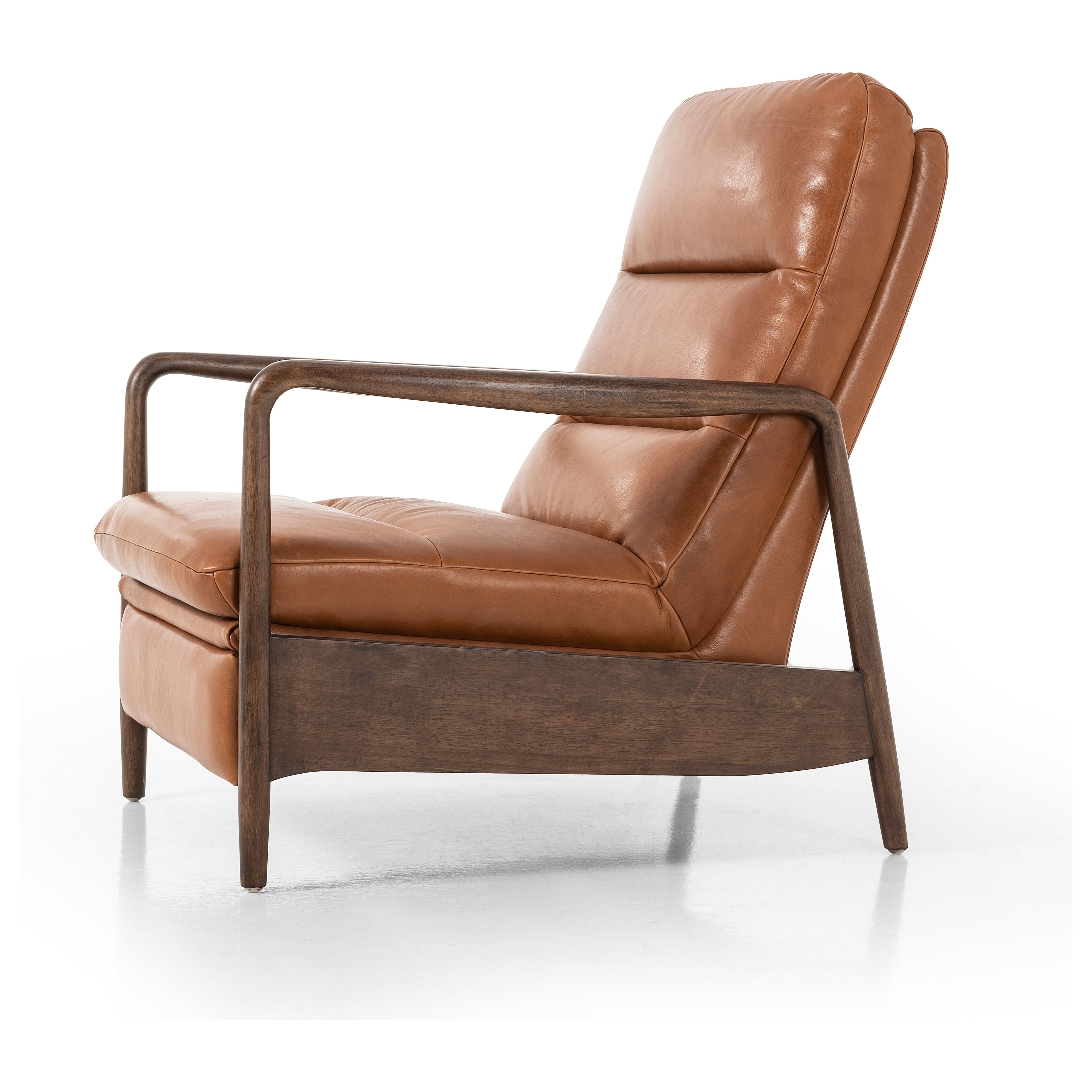 A sleek seat with hidden push-back reclining functionality. This midcentury-inspired recliner features wide chunky channeling paired with slim paddle arms and a tapered wood frame. Designed with a high seat and high back for extra comfy support. Upholstered in a timeless tobacco-hued leather made in a family-owned tannery in Thailand. Amethyst Home provides interior design, new construction, custom furniture, and area rugs in the Charlotte metro area.