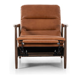 A sleek seat with hidden push-back reclining functionality. This midcentury-inspired recliner features wide chunky channeling paired with slim paddle arms and a tapered wood frame. Designed with a high seat and high back for extra comfy support. Upholstered in a timeless tobacco-hued leather made in a family-owned tannery in Thailand. Amethyst Home provides interior design, new construction, custom furniture, and area rugs in the Los Angeles metro area.