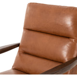 A sleek seat with hidden push-back reclining functionality. This midcentury-inspired recliner features wide chunky channeling paired with slim paddle arms and a tapered wood frame. Designed with a high seat and high back for extra comfy support. Upholstered in a timeless tobacco-hued leather made in a family-owned tannery in Thailand. Amethyst Home provides interior design, new construction, custom furniture, and area rugs in the Nashville metro area.