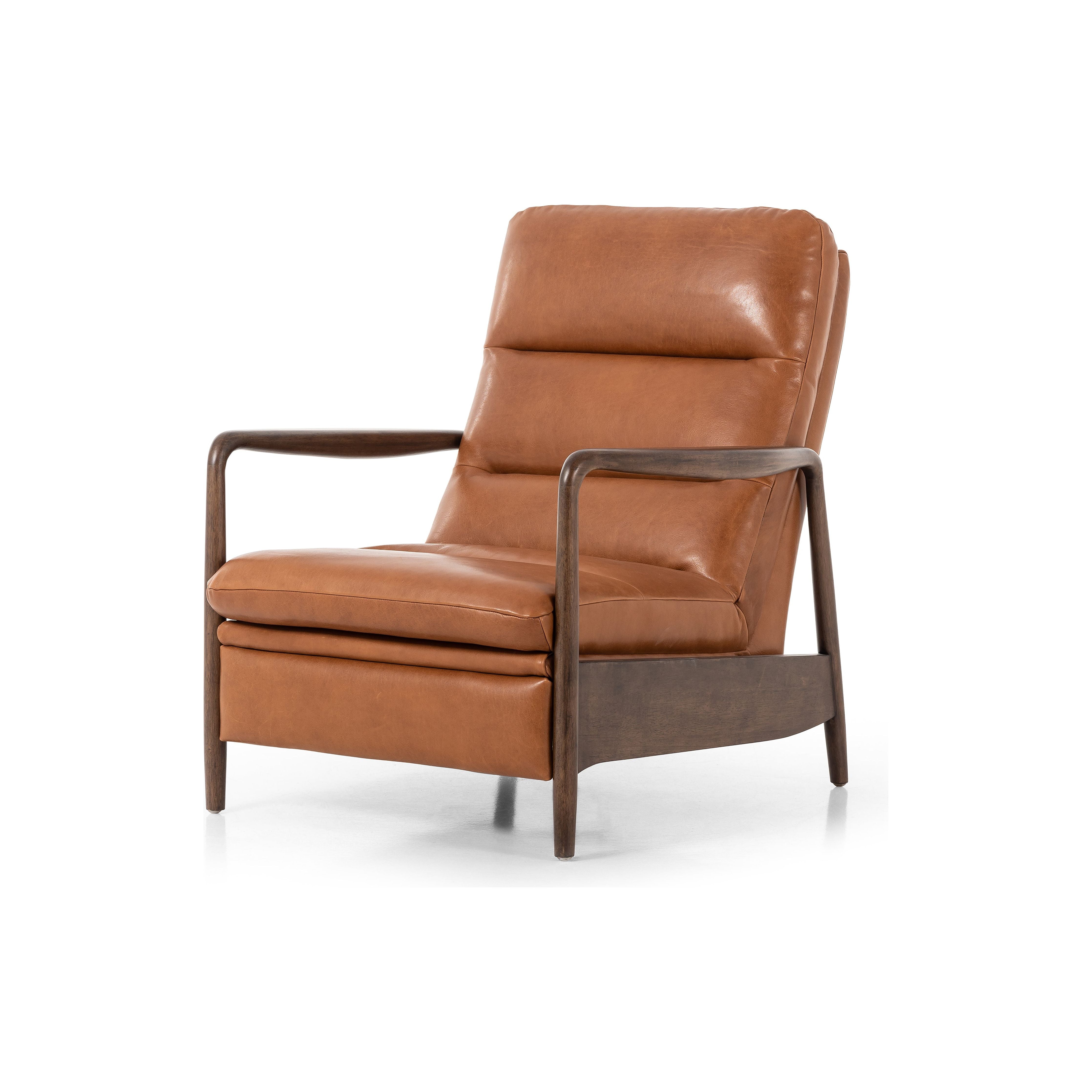 A sleek seat with hidden push-back reclining functionality. This midcentury-inspired recliner features wide chunky channeling paired with slim paddle arms and a tapered wood frame. Designed with a high seat and high back for extra comfy support. Upholstered in a timeless tobacco-hued leather made in a family-owned tannery in Thailand. Amethyst Home provides interior design, new construction, custom furniture, and area rugs in the Omaha metro area.