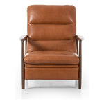 A sleek seat with hidden push-back reclining functionality. This midcentury-inspired recliner features wide chunky channeling paired with slim paddle arms and a tapered wood frame. Designed with a high seat and high back for extra comfy support. Upholstered in a timeless tobacco-hued leather made in a family-owned tannery in Thailand. Amethyst Home provides interior design, new construction, custom furniture, and area rugs in the Seattle metro area.
