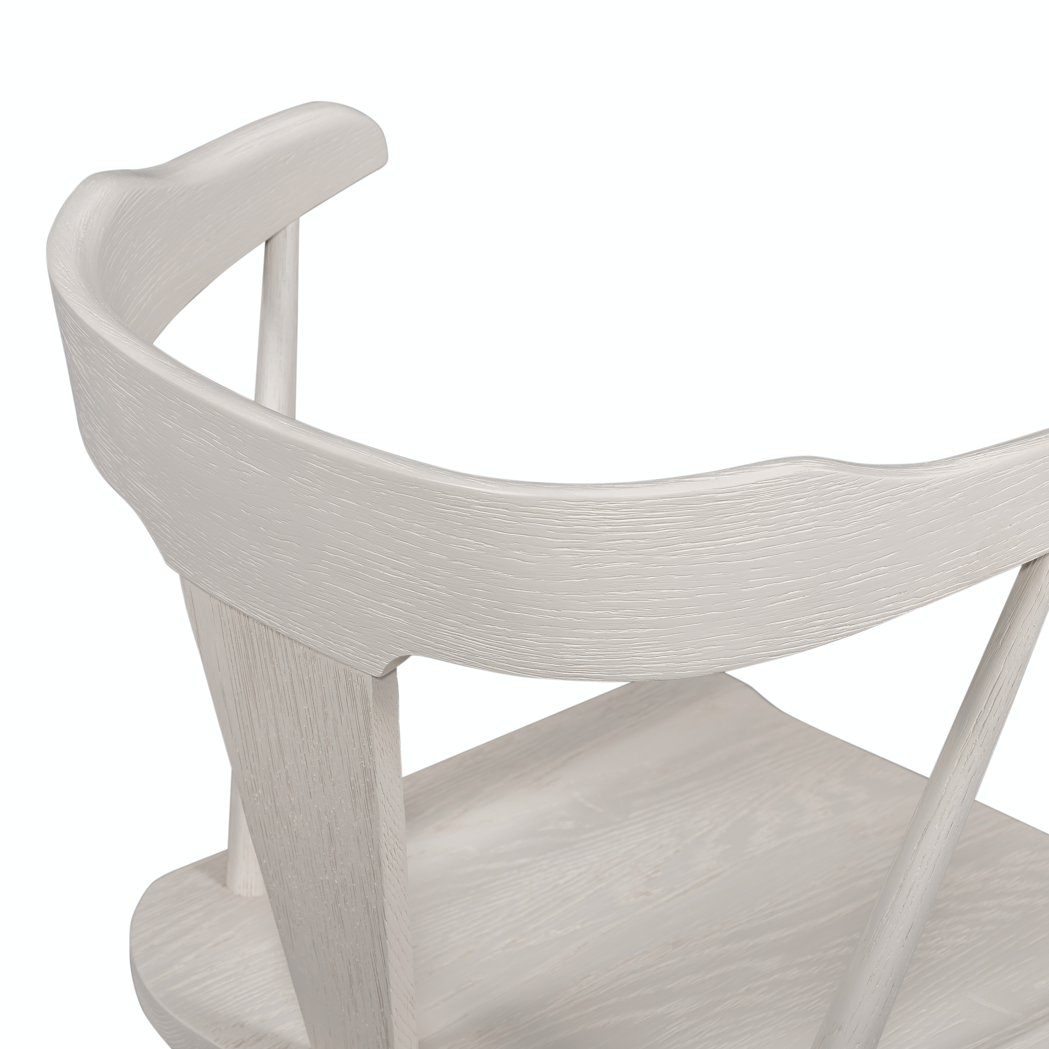 This new take on the mid-century Windsor chair, the Ripley Off White Dining Chair has a bowed, sculptural silhouette. The dining chair is done in an off-white finish to highlight the natural grain of weathered oak. Amethyst Home provides interior design, new construction, custom furniture, and rugs for the New York metro area.
