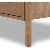 Rounded, chunky dowel legs in an amber oak finish support the overhang top of of this nightstand. Two drawers provide ample storage, finished with simple gunmetal hardware Amethyst Home provides interior design, new home construction design consulting, vintage area rugs, and lighting in the Des Moines metro area.