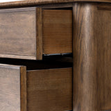 Like an heirloom nightstand with two roomy drawers, this aged oak design has room for it all. Detailed with an overhang surface, carved edges top to bottom, angled legs and oval drawer pulls finished in dark gunmetal.Collection: Bolto Amethyst Home provides interior design, new home construction design consulting, vintage area rugs, and lighting in the Des Moines metro area.