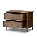 Like an heirloom nightstand with two roomy drawers, this aged oak design has room for it all. Detailed with an overhang surface, carved edges top to bottom, angled legs and oval drawer pulls finished in dark gunmetal.Collection: Bolto Amethyst Home provides interior design, new home construction design consulting, vintage area rugs, and lighting in the Park City metro area.