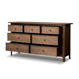 Like an heirloom dresser with three smaller drawers up top, this aged oak design has room for it all. Detailed with an overhang surface, carved edges top to bottom, angled legs and oval drawer pulls finished in dark gunmetal.Collection: Bolto Amethyst Home provides interior design, new home construction design consulting, vintage area rugs, and lighting in the Newport Beach metro area.