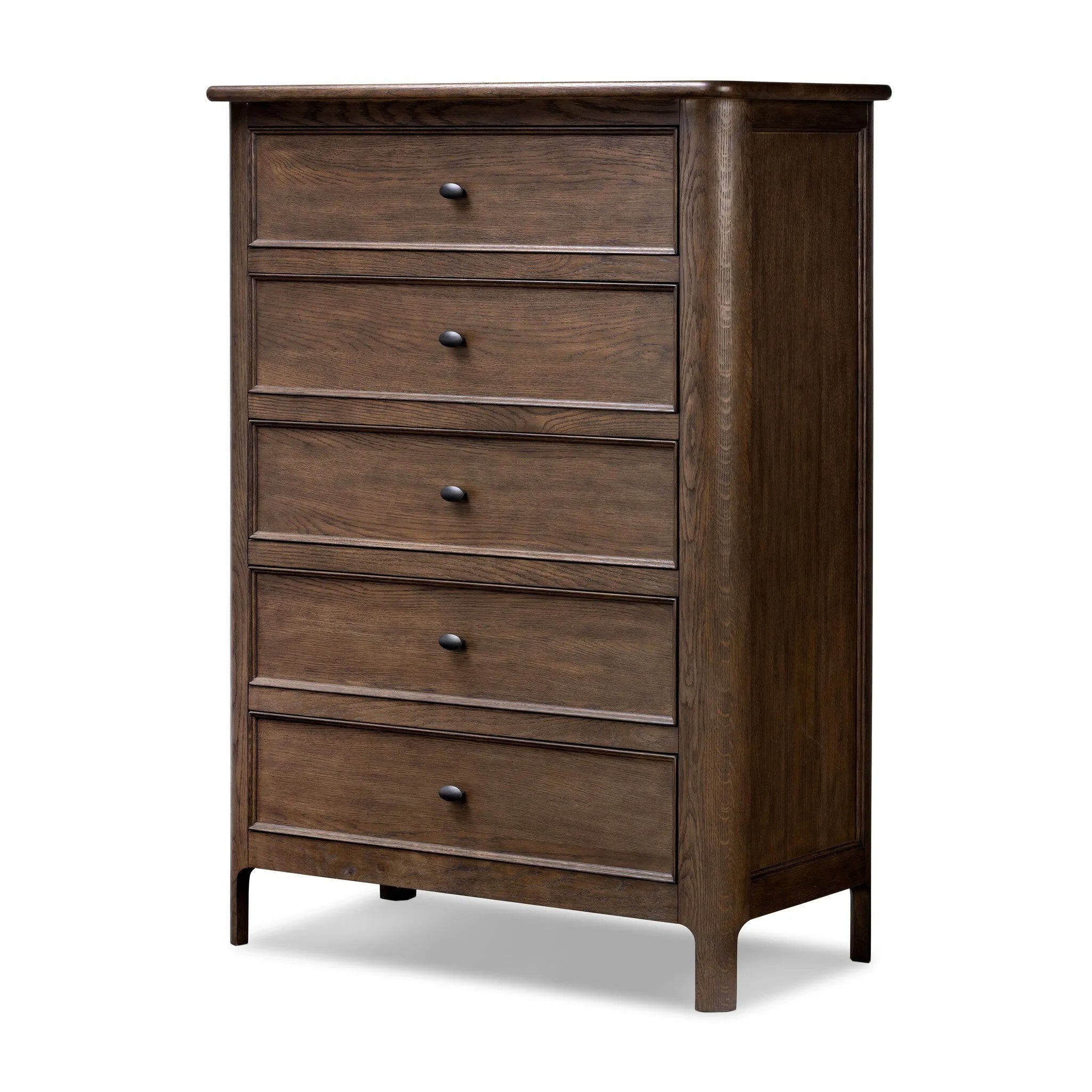 Like an heirloom tallboy with six drawers, this aged oak dresser has room for it all. Detailed with an overhang surface, carved edges top to bottom, angled legs and oval drawer pulls finished in dark gunmetal.Collection: Bolto Amethyst Home provides interior design, new home construction design consulting, vintage area rugs, and lighting in the Alpharetta metro area.