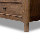 Like an heirloom tallboy with six drawers, this aged oak dresser has room for it all. Detailed with an overhang surface, carved edges top to bottom, angled legs and oval drawer pulls finished in dark gunmetal.Collection: Bolto Amethyst Home provides interior design, new home construction design consulting, vintage area rugs, and lighting in the Des Moines metro area.