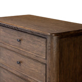 Like an heirloom tallboy with six drawers, this aged oak dresser has room for it all. Detailed with an overhang surface, carved edges top to bottom, angled legs and oval drawer pulls finished in dark gunmetal.Collection: Bolto Amethyst Home provides interior design, new home construction design consulting, vintage area rugs, and lighting in the Tampa metro area.
