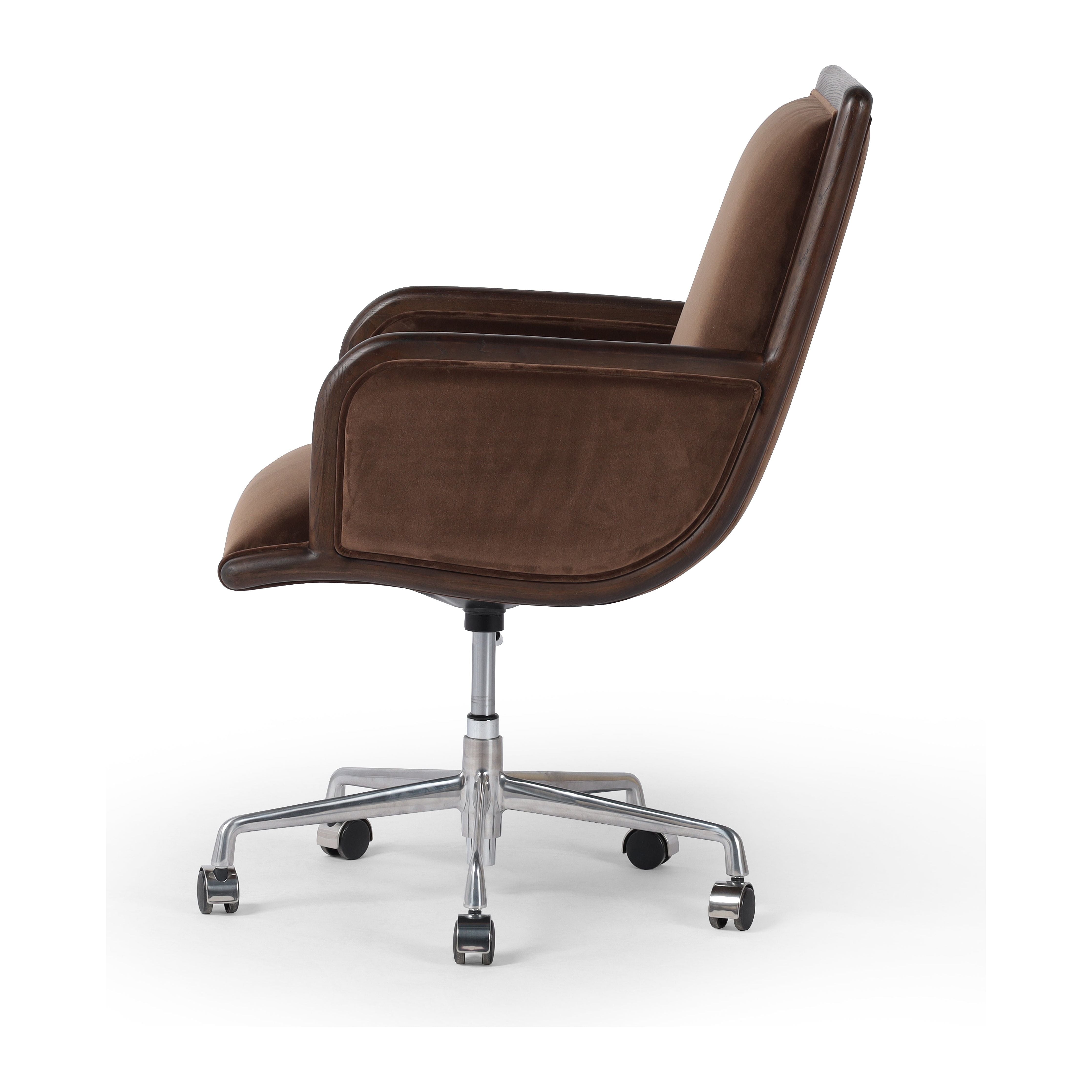 This comfort-driven take on the modern desk chair features velvety cocoa-colored upholstery, pared with a wooden frame. Casters and seat height adjustability for ease as you work. Amethyst Home provides interior design, new construction, custom furniture, and area rugs in the Alpharetta metro area.