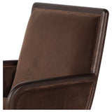 This comfort-driven take on the modern desk chair features velvety cocoa-colored upholstery, pared with a wooden frame. Casters and seat height adjustability for ease as you work. Amethyst Home provides interior design, new construction, custom furniture, and area rugs in the Charlotte metro area.