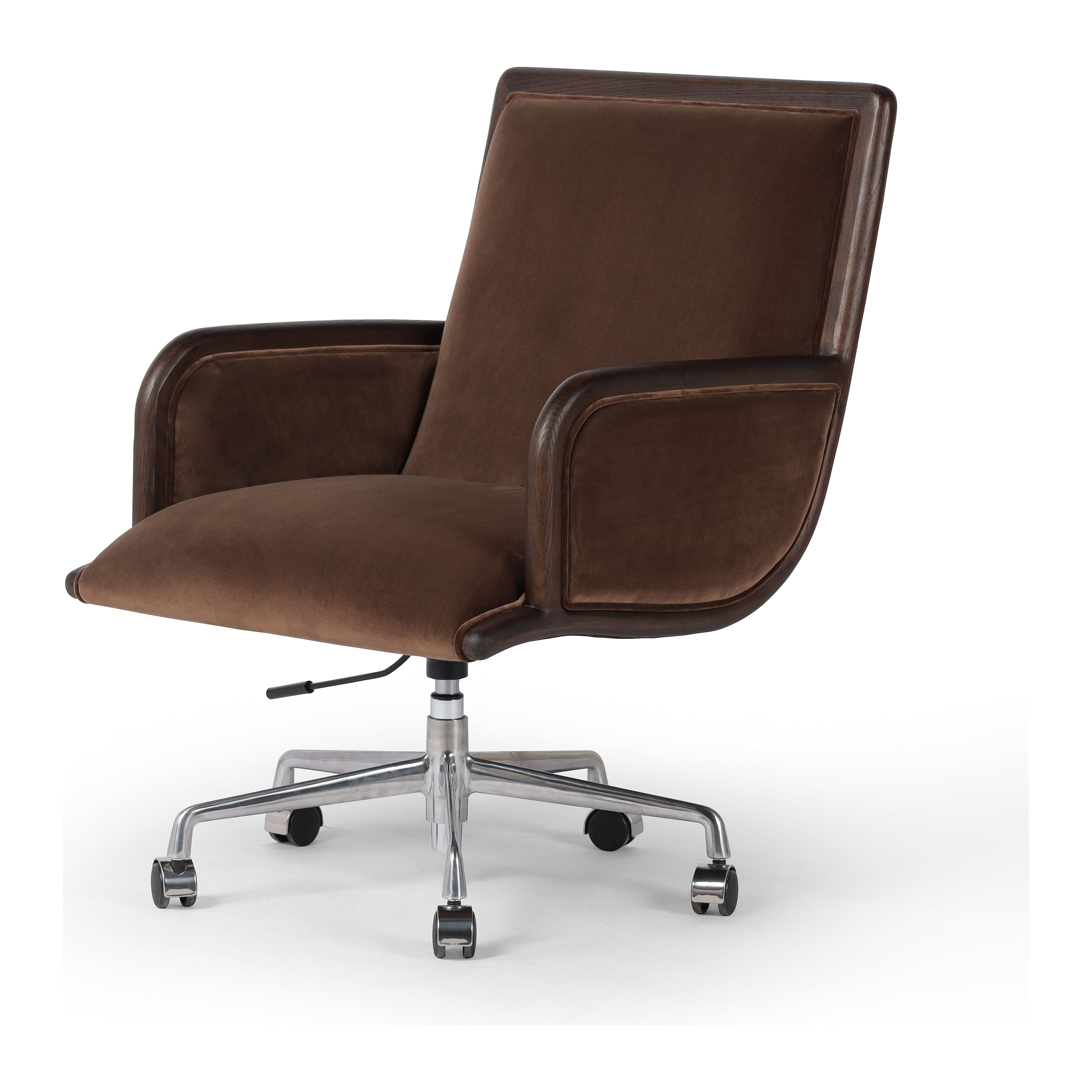 This comfort-driven take on the modern desk chair features velvety cocoa-colored upholstery, pared with a wooden frame. Casters and seat height adjustability for ease as you work. Amethyst Home provides interior design, new construction, custom furniture, and area rugs in the Houston metro area.