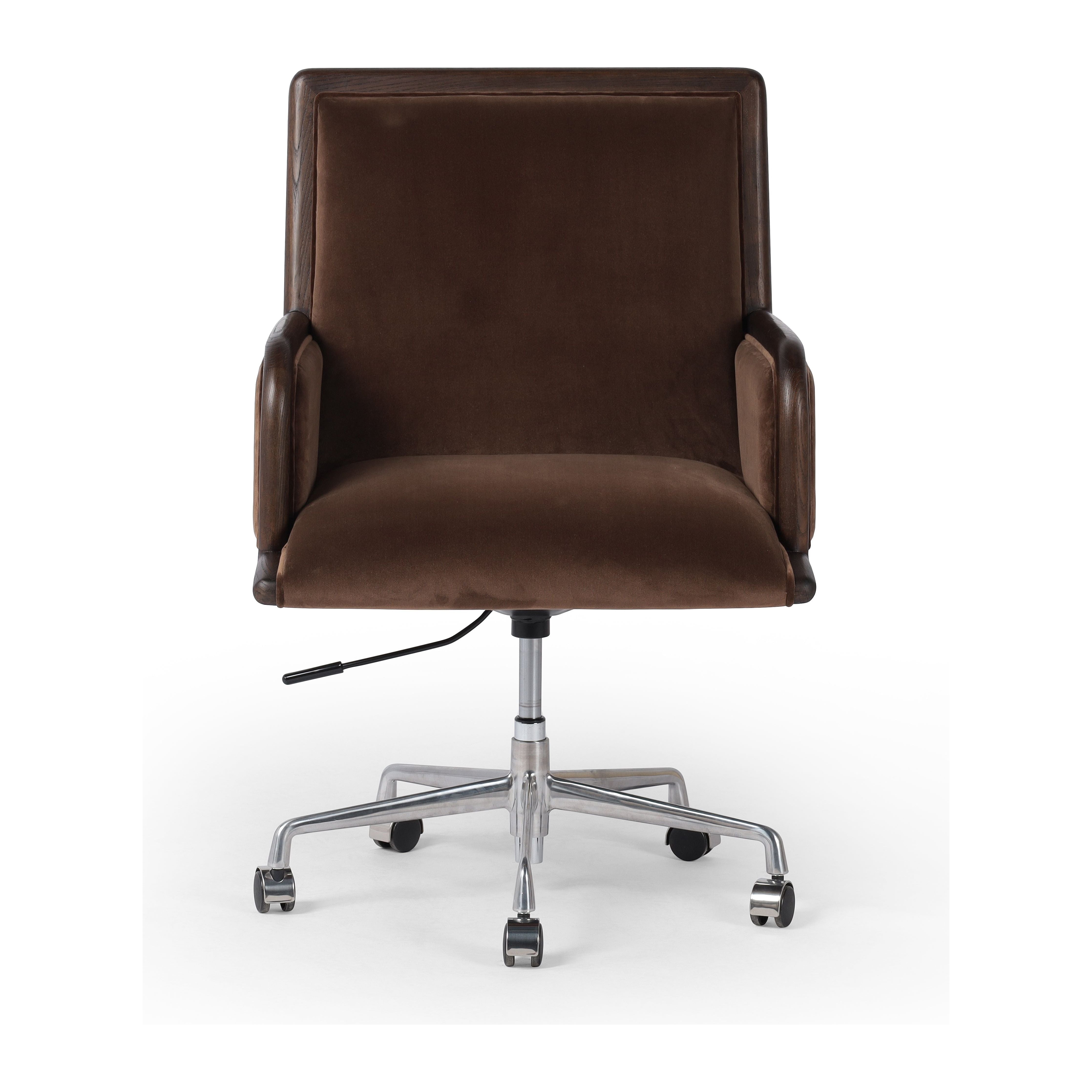 This comfort-driven take on the modern desk chair features velvety cocoa-colored upholstery, pared with a wooden frame. Casters and seat height adjustability for ease as you work. Amethyst Home provides interior design, new construction, custom furniture, and area rugs in the Nashville metro area.