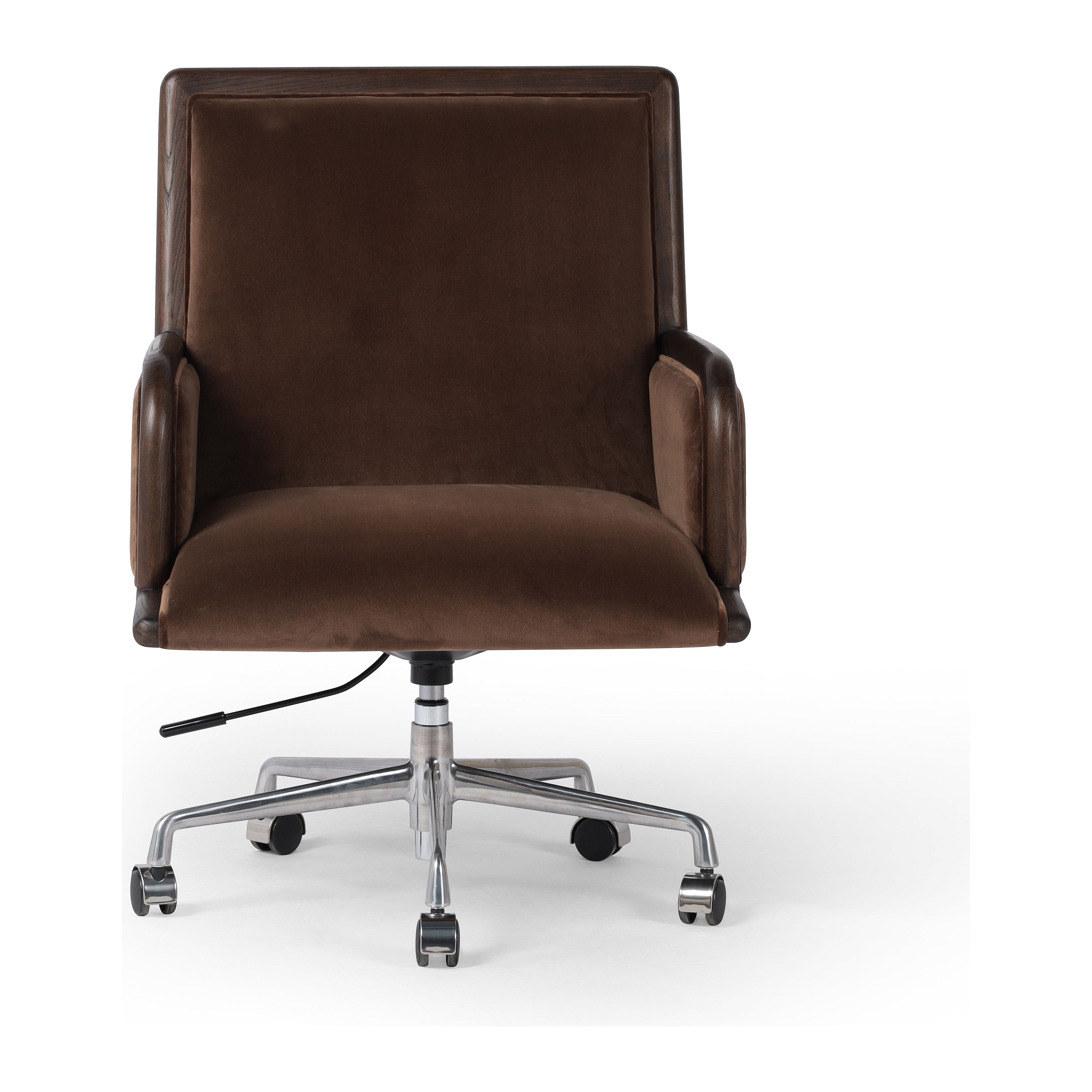 This comfort-driven take on the modern desk chair features velvety cocoa-colored upholstery, pared with a wooden frame. Casters and seat height adjustability for ease as you work. Amethyst Home provides interior design, new construction, custom furniture, and area rugs in the Washington metro area.