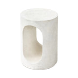 Made from textured white concrete, a cylinder shaped end table features a pill-shaped cutout for a light look. Subtle mottling adds a hint of texture.Collection: Chandle Amethyst Home provides interior design, new home construction design consulting, vintage area rugs, and lighting in the Des Moines metro area.