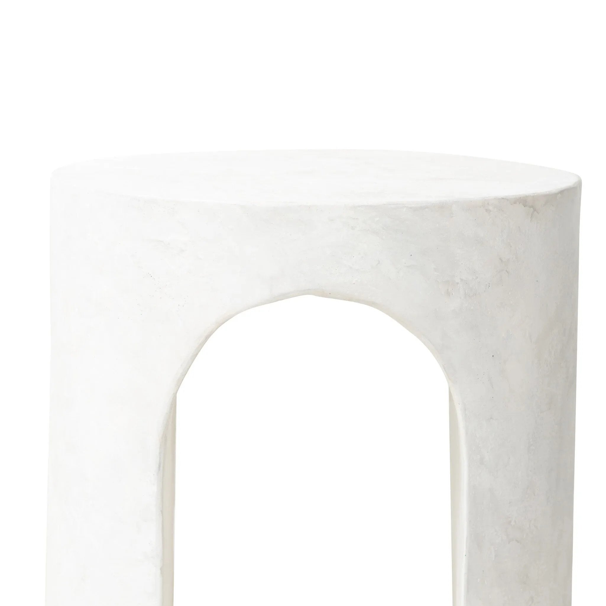 Made from textured white concrete, a cylinder shaped end table features a pill-shaped cutout for a light look. Subtle mottling adds a hint of texture.Collection: Chandle Amethyst Home provides interior design, new home construction design consulting, vintage area rugs, and lighting in the Omaha metro area.
