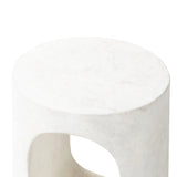 Made from textured white concrete, a cylinder shaped end table features a pill-shaped cutout for a light look. Subtle mottling adds a hint of texture.Collection: Chandle Amethyst Home provides interior design, new home construction design consulting, vintage area rugs, and lighting in the Portland metro area.