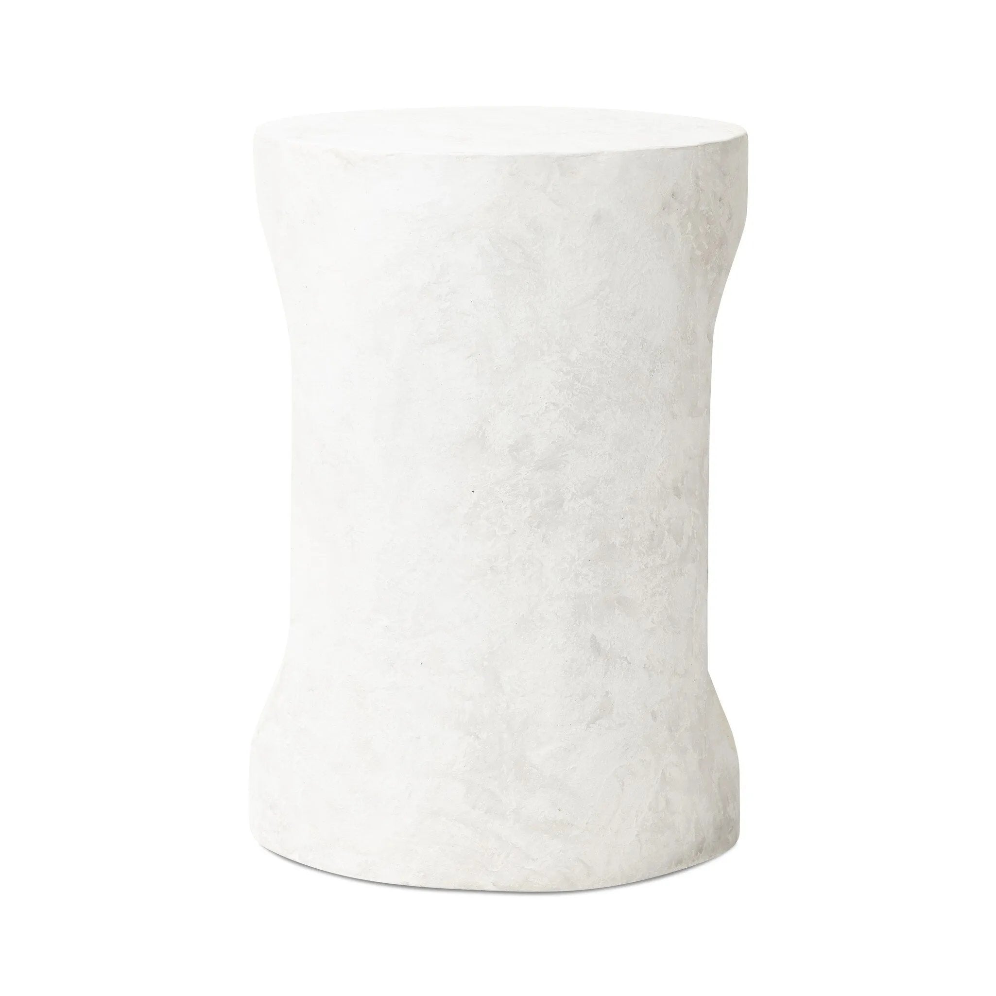Made from textured white concrete, a cylinder shaped end table features a pill-shaped cutout for a light look. Subtle mottling adds a hint of texture.Collection: Chandle Amethyst Home provides interior design, new home construction design consulting, vintage area rugs, and lighting in the Salt Lake City metro area.
