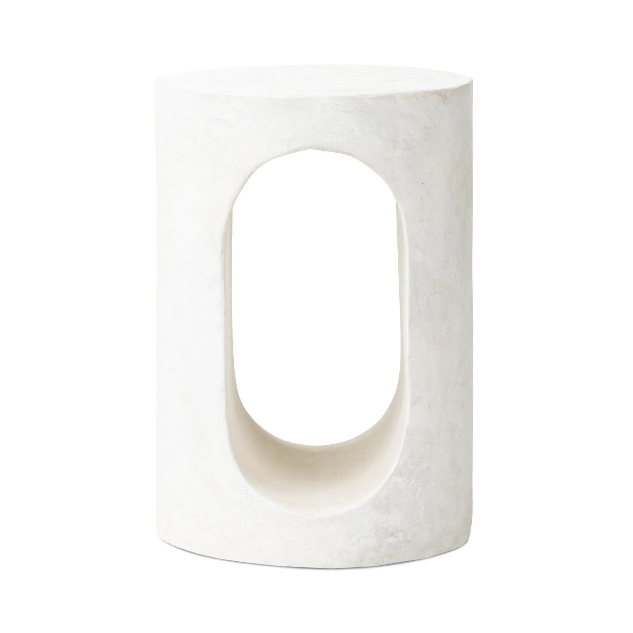 Made from textured white concrete, a cylinder shaped end table features a pill-shaped cutout for a light look. Subtle mottling adds a hint of texture.Collection: Chandle Amethyst Home provides interior design, new home construction design consulting, vintage area rugs, and lighting in the Washington metro area.