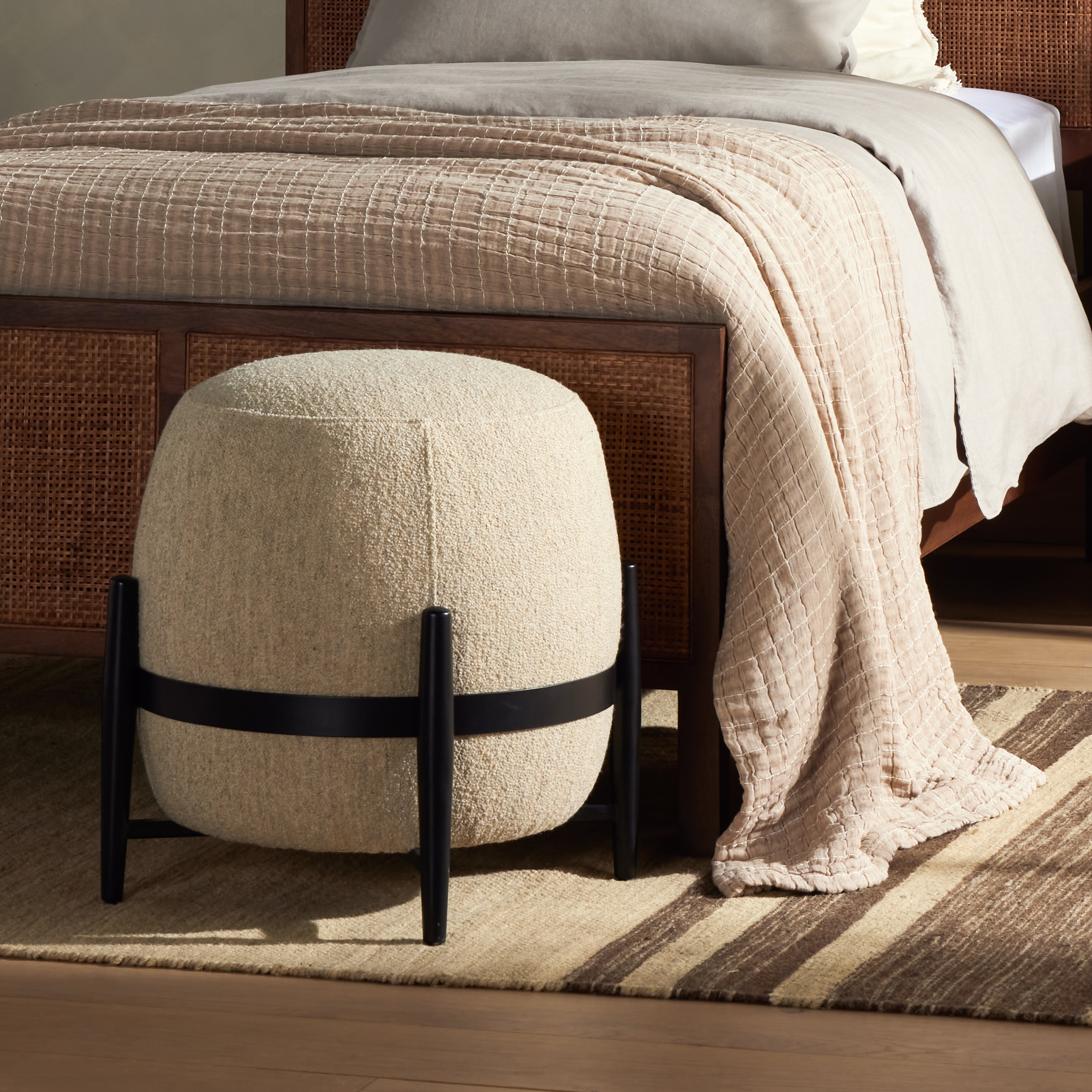 The Sia Athena Taupe Ottoman is beautifully shaped and perfect for relaxing on after a long day. It gives a retro, transitional look. Amethyst Home provides interior design services, furniture, rugs, and lighting in the Miami metro area.