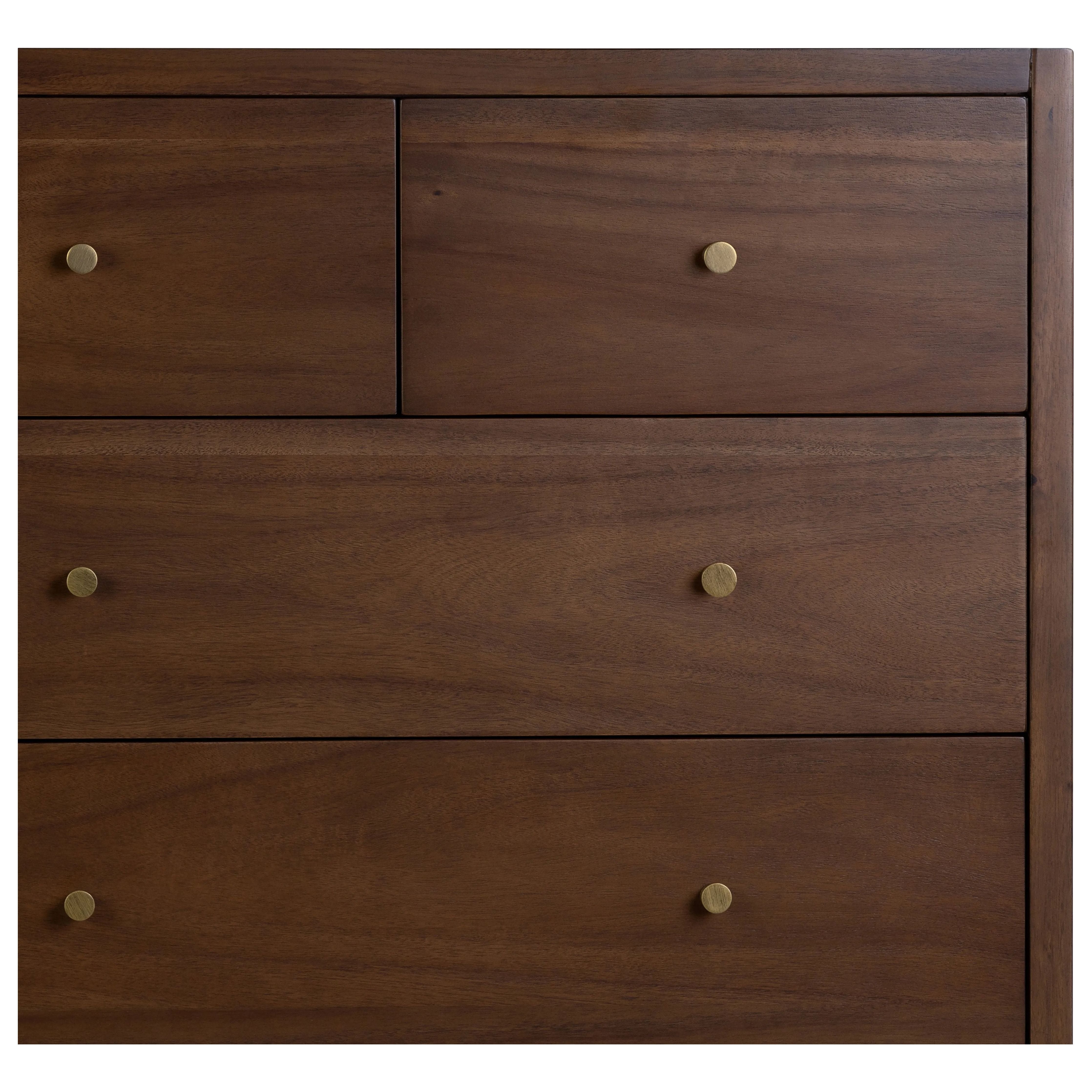 A simple, heavy wood Parsons-style dresser with 10 varied sized drawers for ample storage. Finished in solid ash with brass hardware Amethyst Home provides interior design, new home construction design consulting, vintage area rugs, and lighting in the Los Angeles metro area.