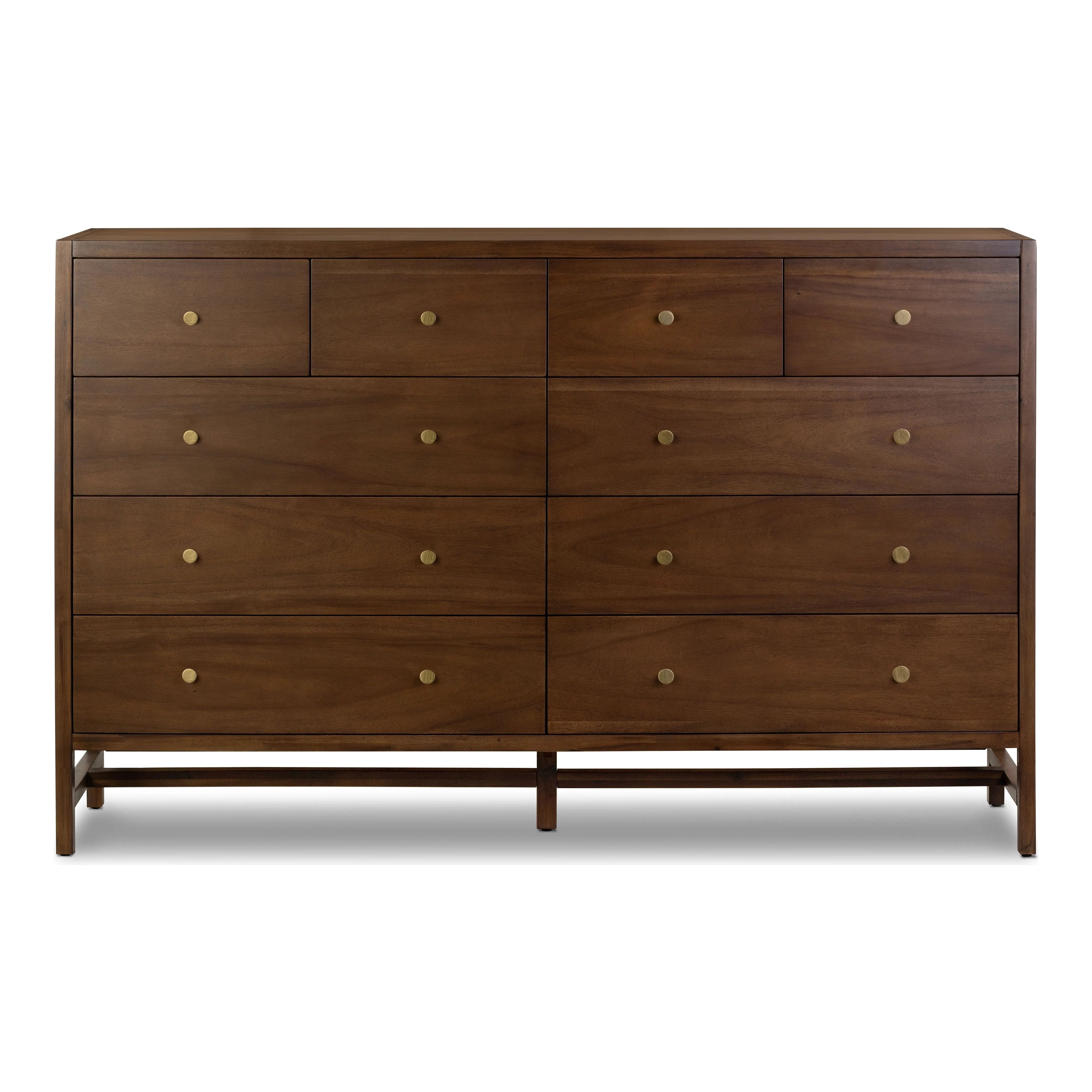A simple, heavy wood Parsons-style dresser with 10 varied sized drawers for ample storage. Finished in solid ash with brass hardware Amethyst Home provides interior design, new home construction design consulting, vintage area rugs, and lighting in the Scottsdale metro area.