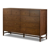 A simple, heavy wood Parsons-style dresser with 10 varied sized drawers for ample storage. Finished in solid ash with brass hardware Amethyst Home provides interior design, new home construction design consulting, vintage area rugs, and lighting in the Washington metro area.