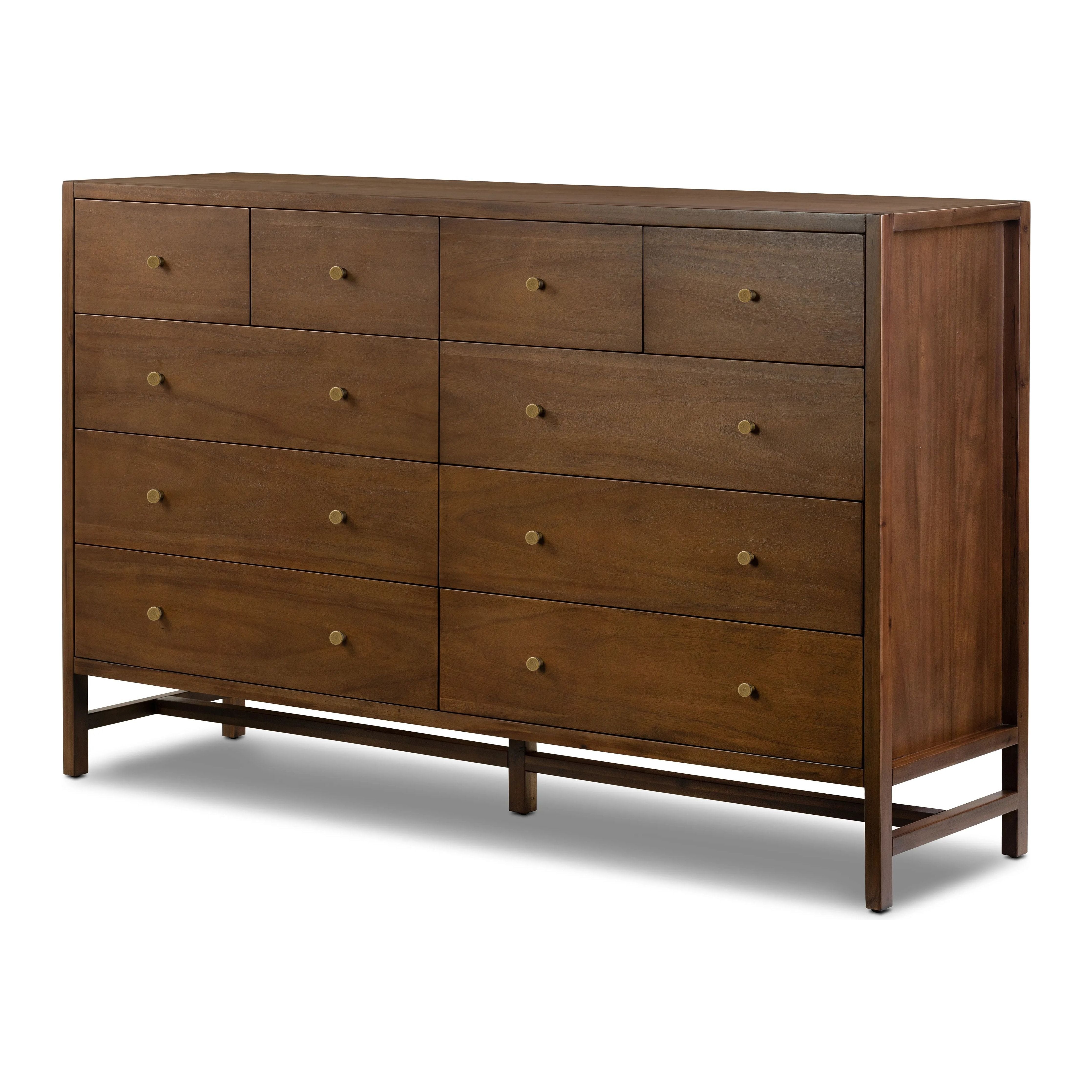 A simple, heavy wood Parsons-style dresser with 10 varied sized drawers for ample storage. Finished in solid ash with brass hardware Amethyst Home provides interior design, new home construction design consulting, vintage area rugs, and lighting in the Washington metro area.