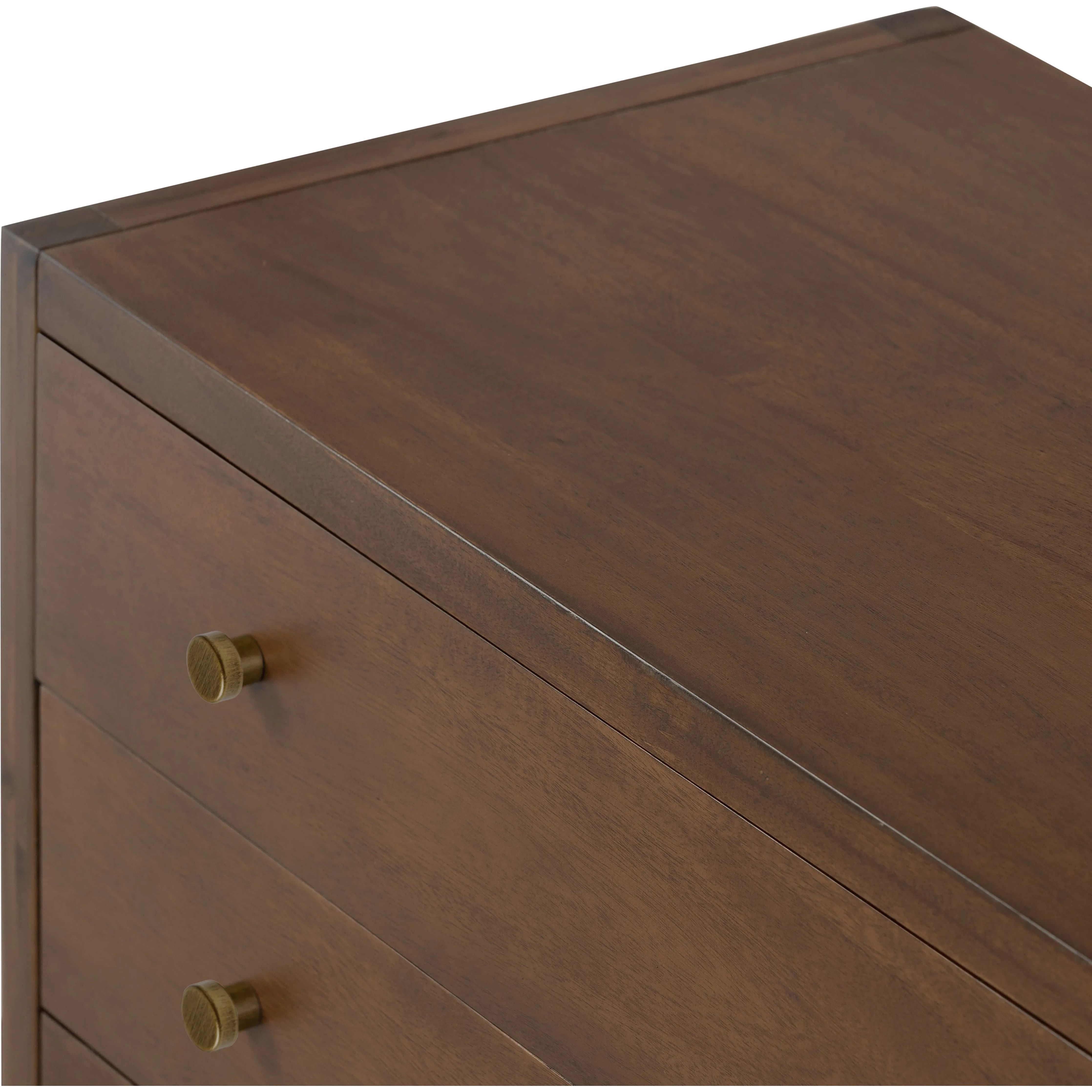 A simple, heavy wood Parsons-style nightstand with three drawers for ample storage. Finished in solid ash with brass hardware Amethyst Home provides interior design, new home construction design consulting, vintage area rugs, and lighting in the Dallas metro area.