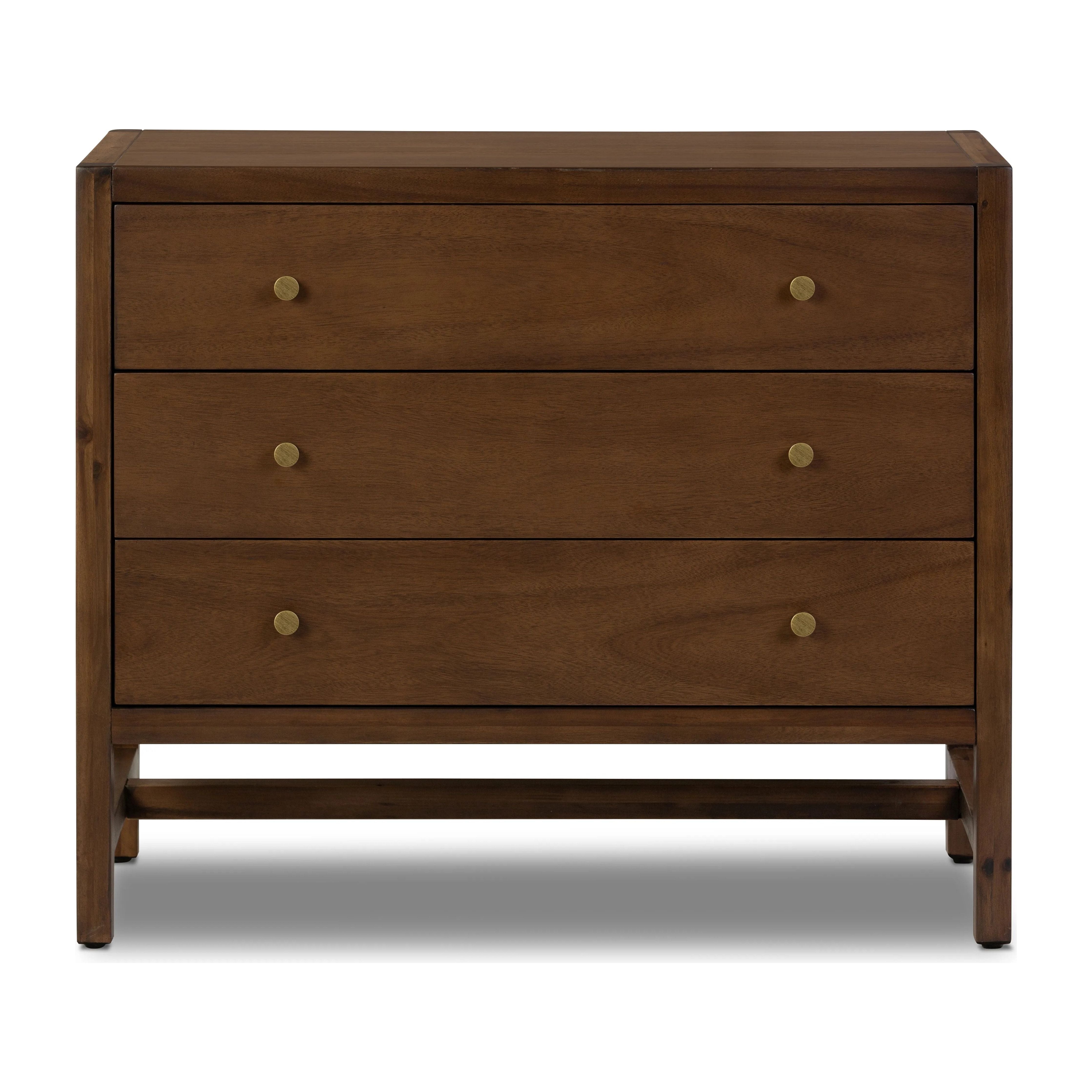 A simple, heavy wood Parsons-style nightstand with three drawers for ample storage. Finished in solid ash with brass hardware Amethyst Home provides interior design, new home construction design consulting, vintage area rugs, and lighting in the Omaha metro area.