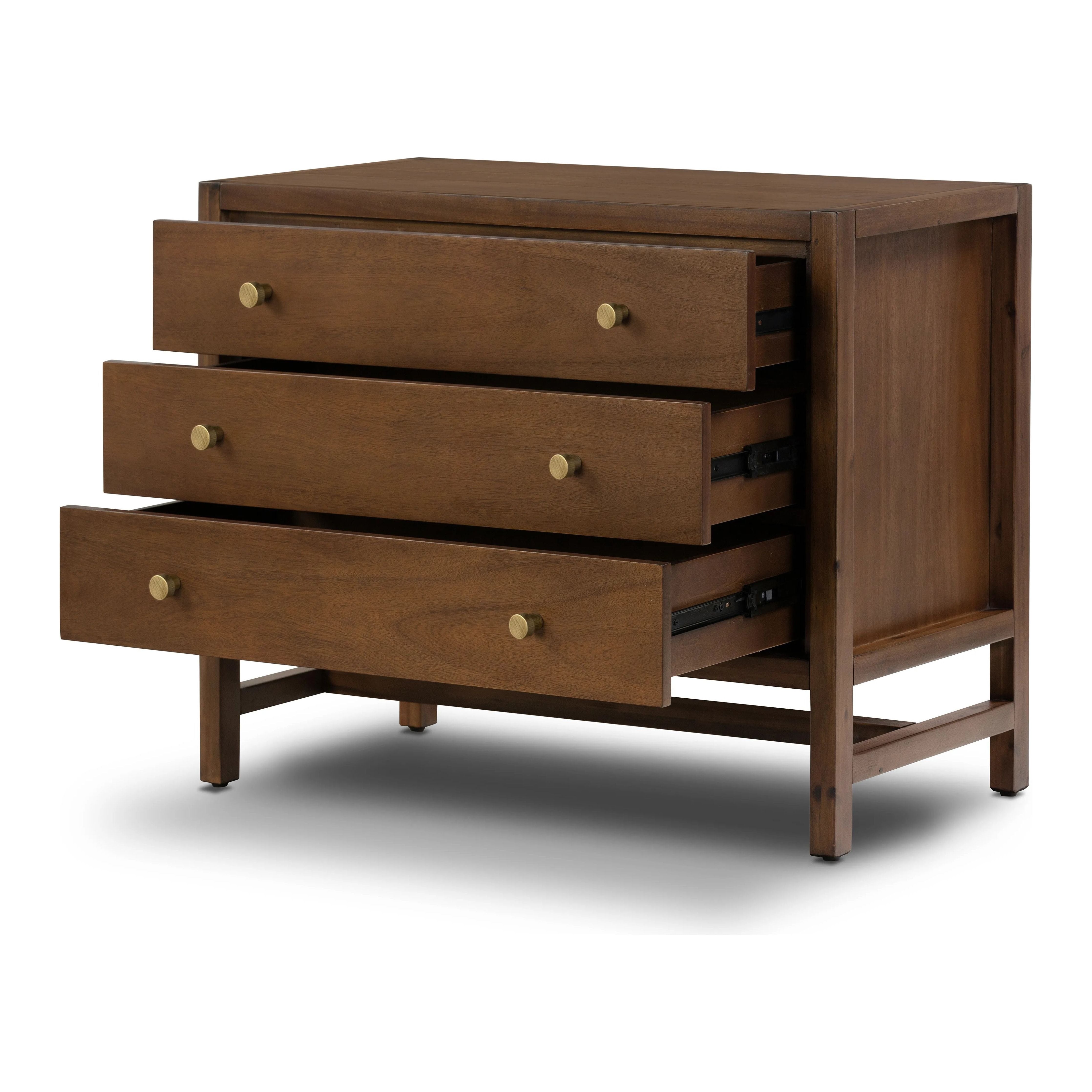 A simple, heavy wood Parsons-style nightstand with three drawers for ample storage. Finished in solid ash with brass hardware Amethyst Home provides interior design, new home construction design consulting, vintage area rugs, and lighting in the Scottsdale metro area.