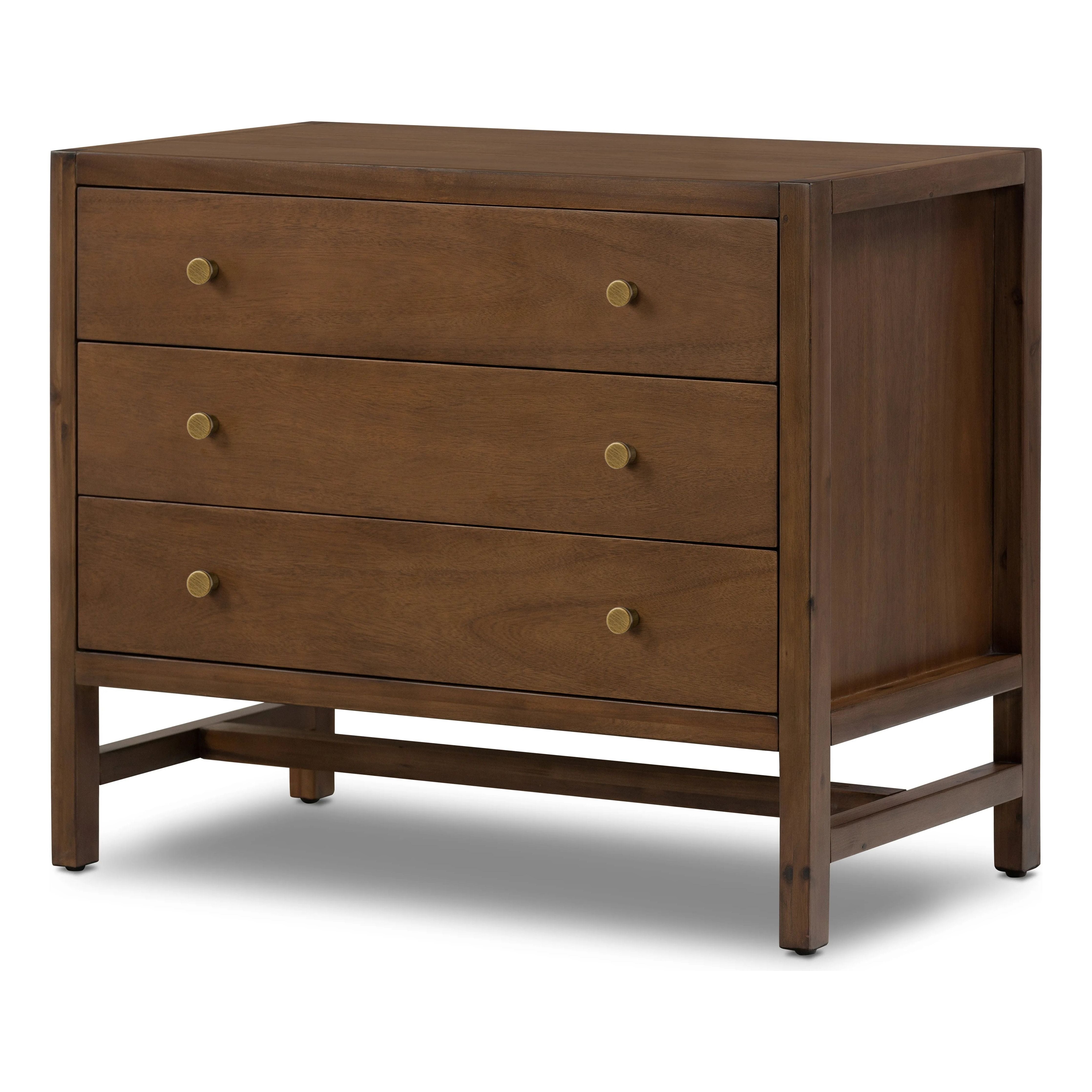 A simple, heavy wood Parsons-style nightstand with three drawers for ample storage. Finished in solid ash with brass hardware Amethyst Home provides interior design, new home construction design consulting, vintage area rugs, and lighting in the Washington metro area.
