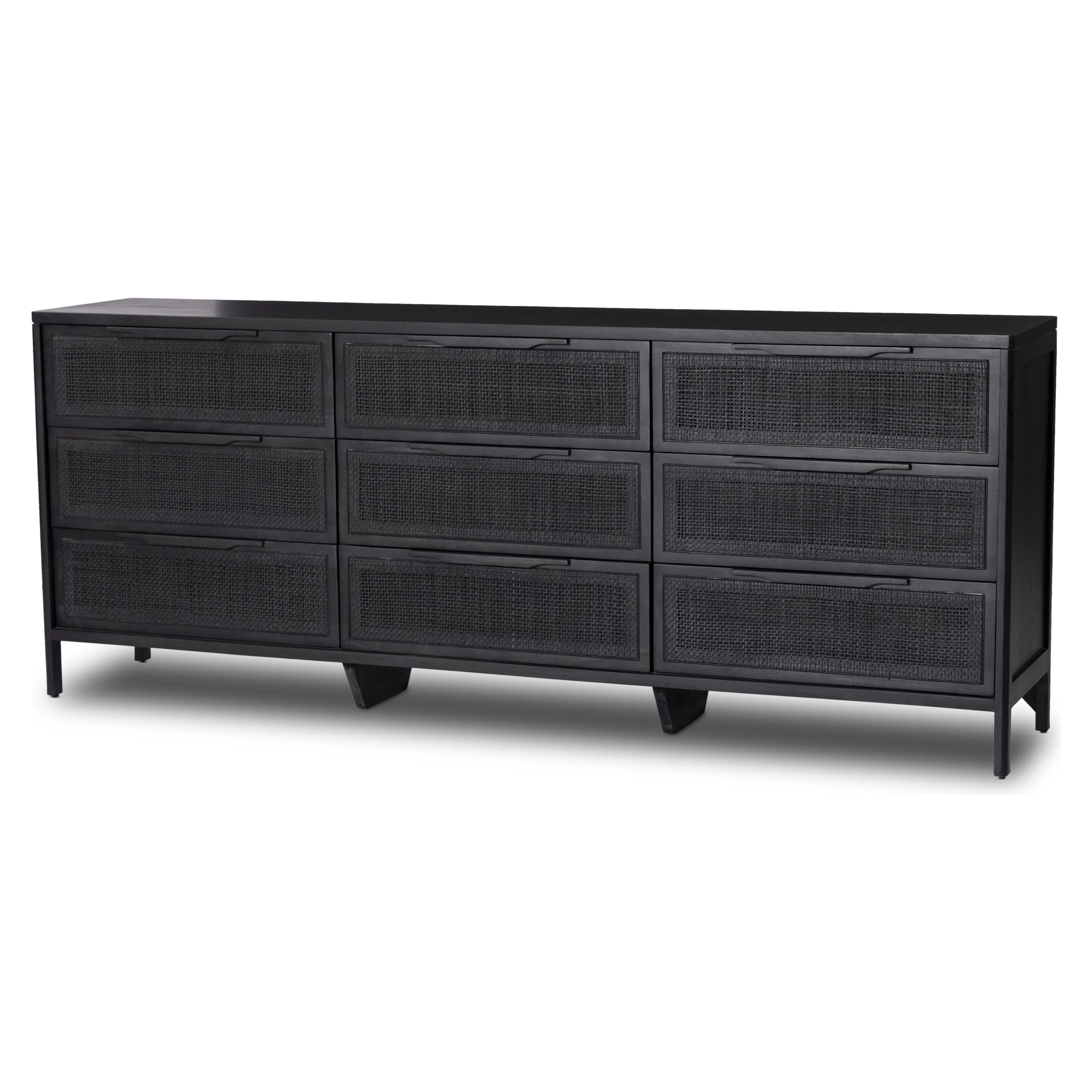 Black-finished mango encases nine spacious drawers of woven black cane, for a textural, monochromatic look Amethyst Home provides interior design, new home construction design consulting, vintage area rugs, and lighting in the San Diego metro area.