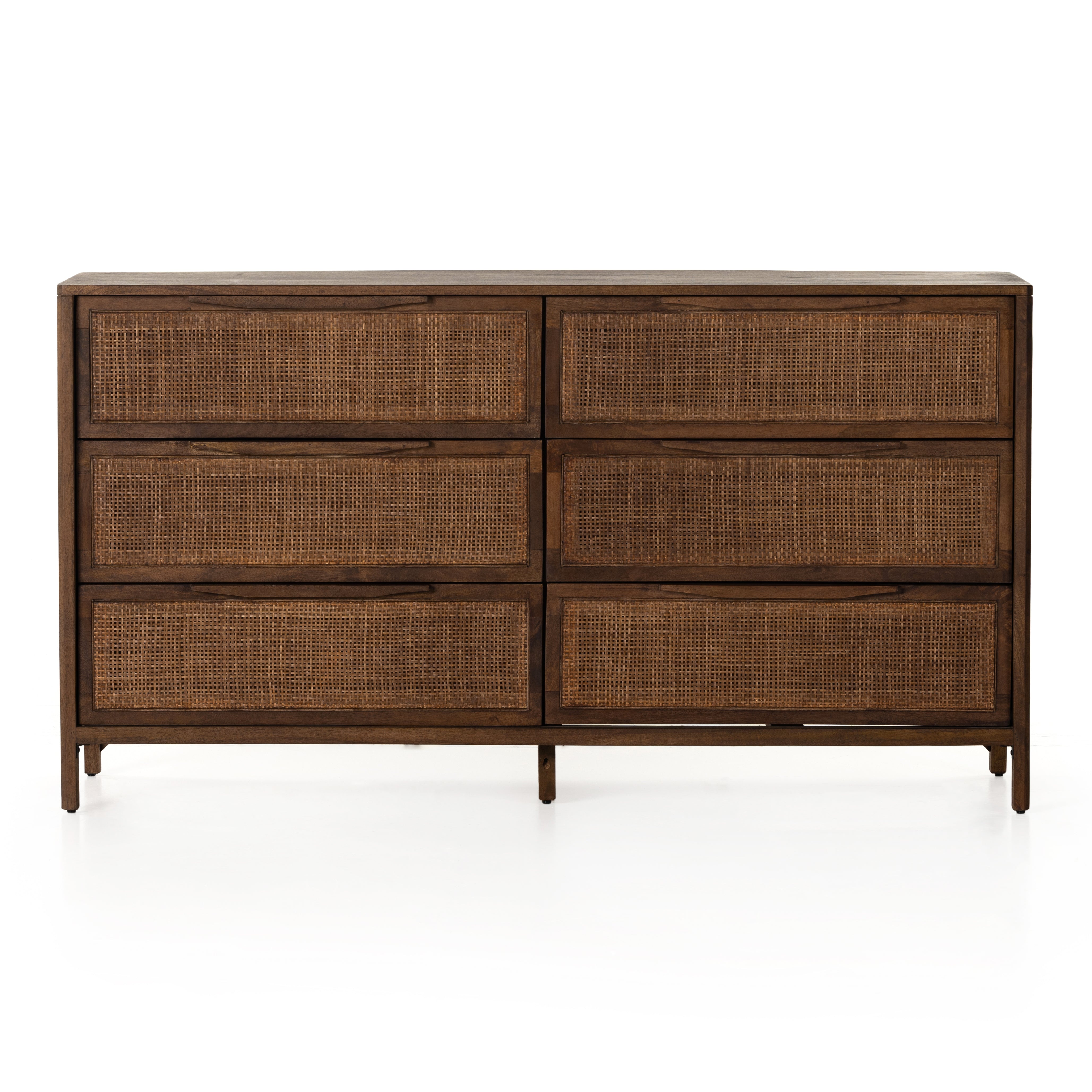 Sydney Brown Wash Drawer Dresser encases six spacious drawers of woven cane, for a textural look with monochromatic vibes. Amethyst Home provides interior design services, furniture, rugs, and lighting in the Austin metro area.