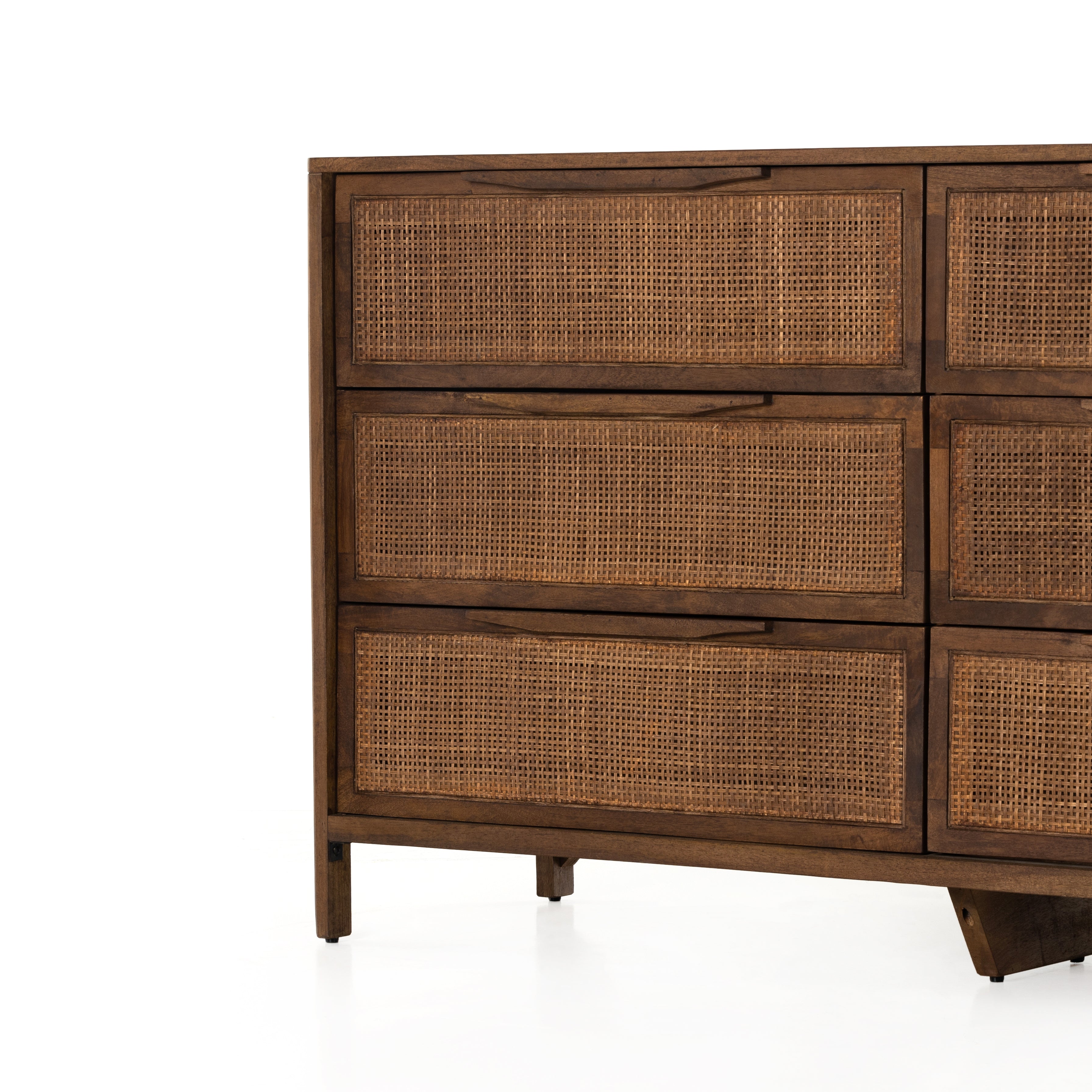 Sydney Brown Wash Drawer Dresser encases six spacious drawers of woven cane, for a textural look with monochromatic vibes. Amethyst Home provides interior design services, furniture, rugs, and lighting in the Calabasas metro area.