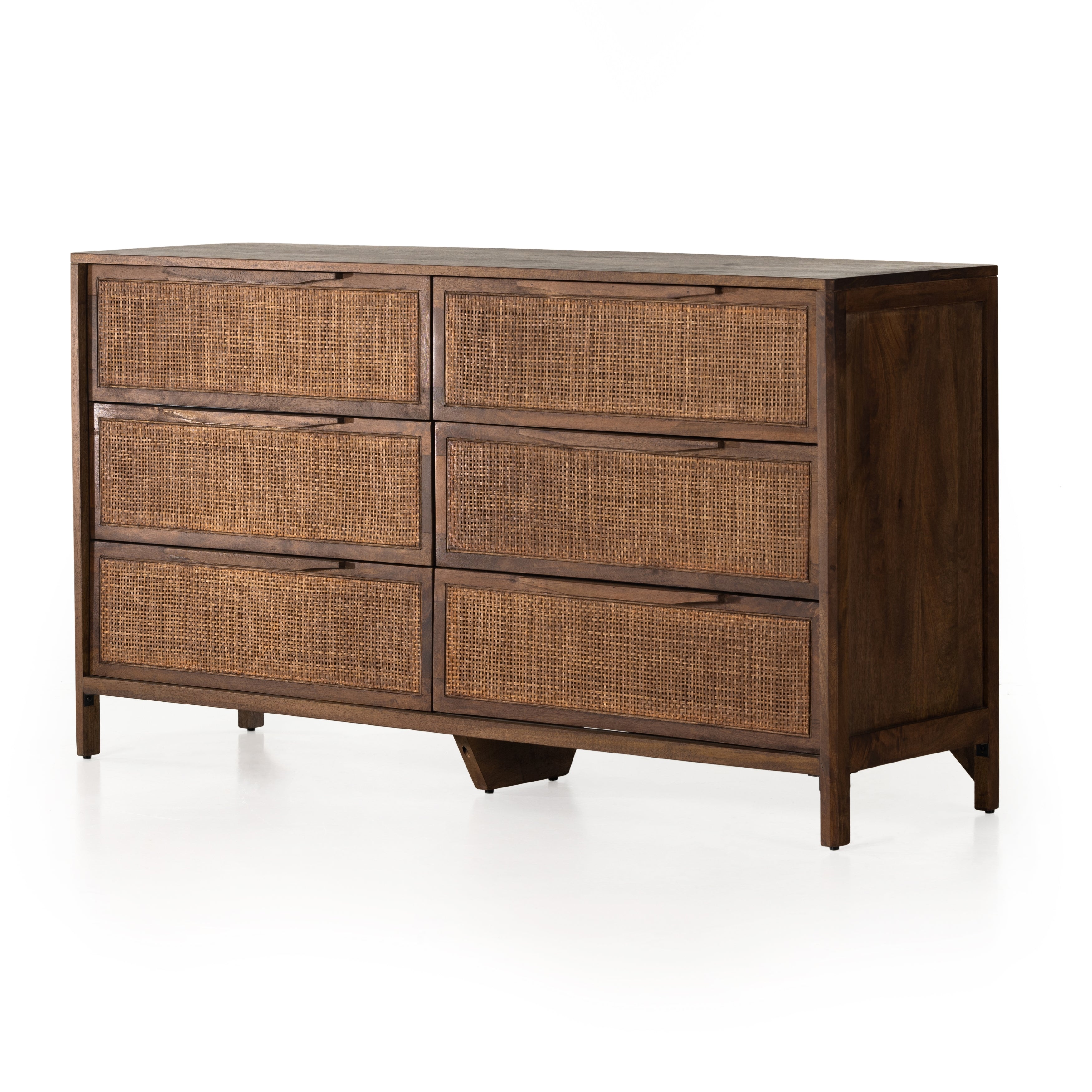 Sydney Brown Wash Drawer Dresser encases six spacious drawers of woven cane, for a textural look with monochromatic vibes. Amethyst Home provides interior design services, furniture, rugs, and lighting in the Los Angeles metro area.