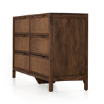 Sydney Brown Wash Drawer Dresser encases six spacious drawers of woven cane, for a textural look with monochromatic vibes. Amethyst Home provides interior design services, furniture, rugs, and lighting in the Omaha metro area.